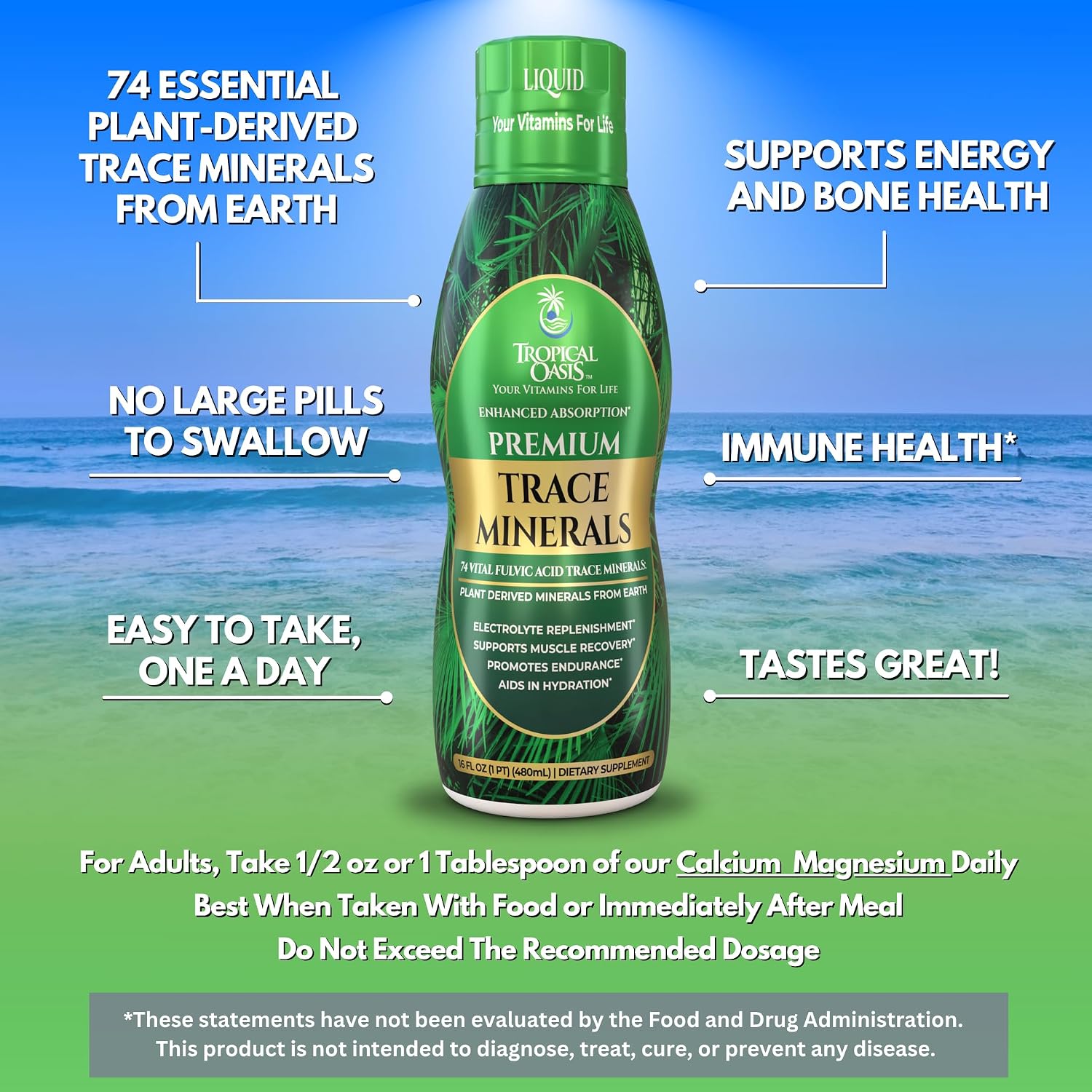 Tropical Oasis - Premium Ionized Plant Based Trace Minerals Liquid Formula- 74 essential minerals in liquid form for up to 96% Absorption - 16 oz, 32 servings