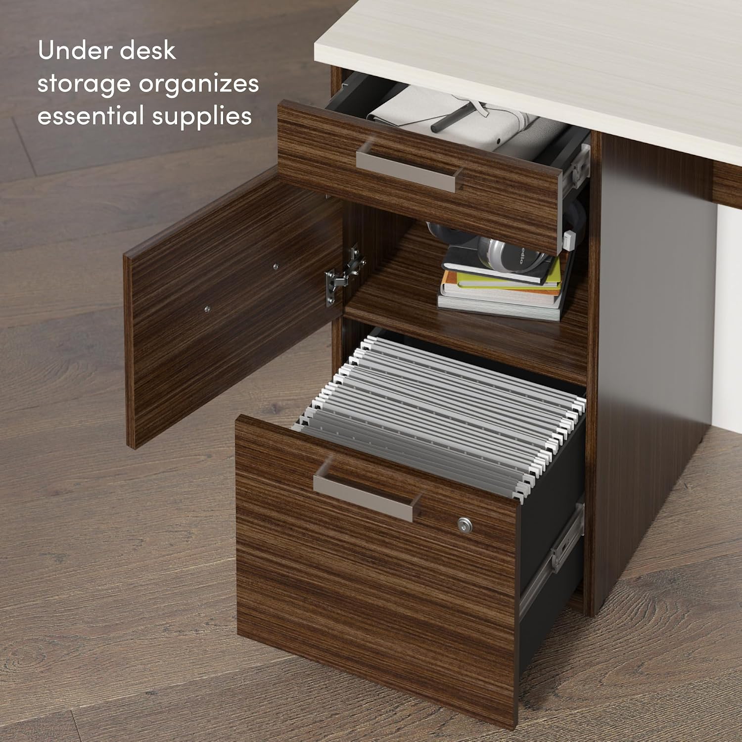 Bestar U Shaped Desk with Drawers, Hutch, and Keyboard Tray, Executive Workstation for Home or Professional Office, 65 Inches, Ridgeley Collection, White Chocolate