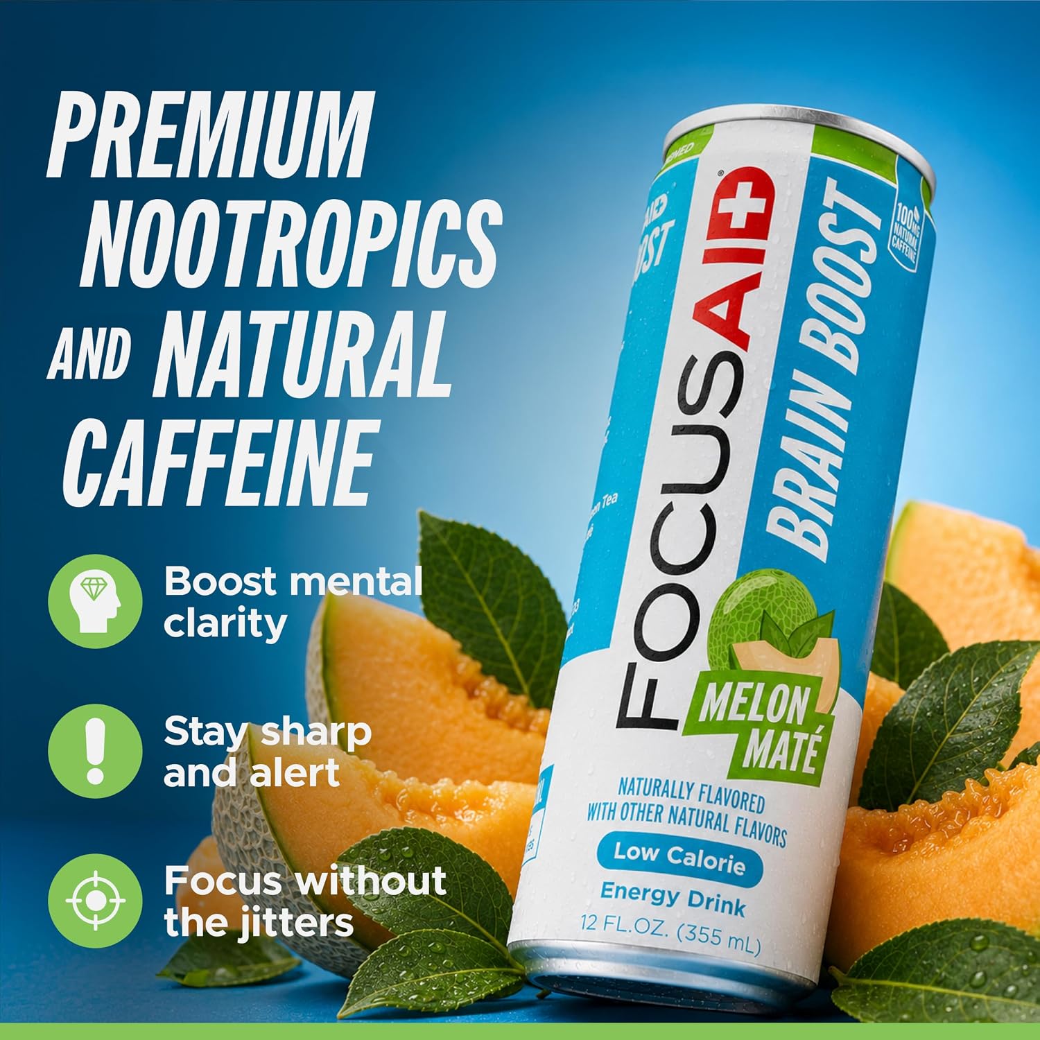 FOCUSAID Nootropic Energy Drink, 12 fl oz (12-Pack) | Nootropic energy drink with Alpha-GPC, GABA, B-Complex, Yerba Mate, & 100mg natural caffeine. 100% clean brain fuel.