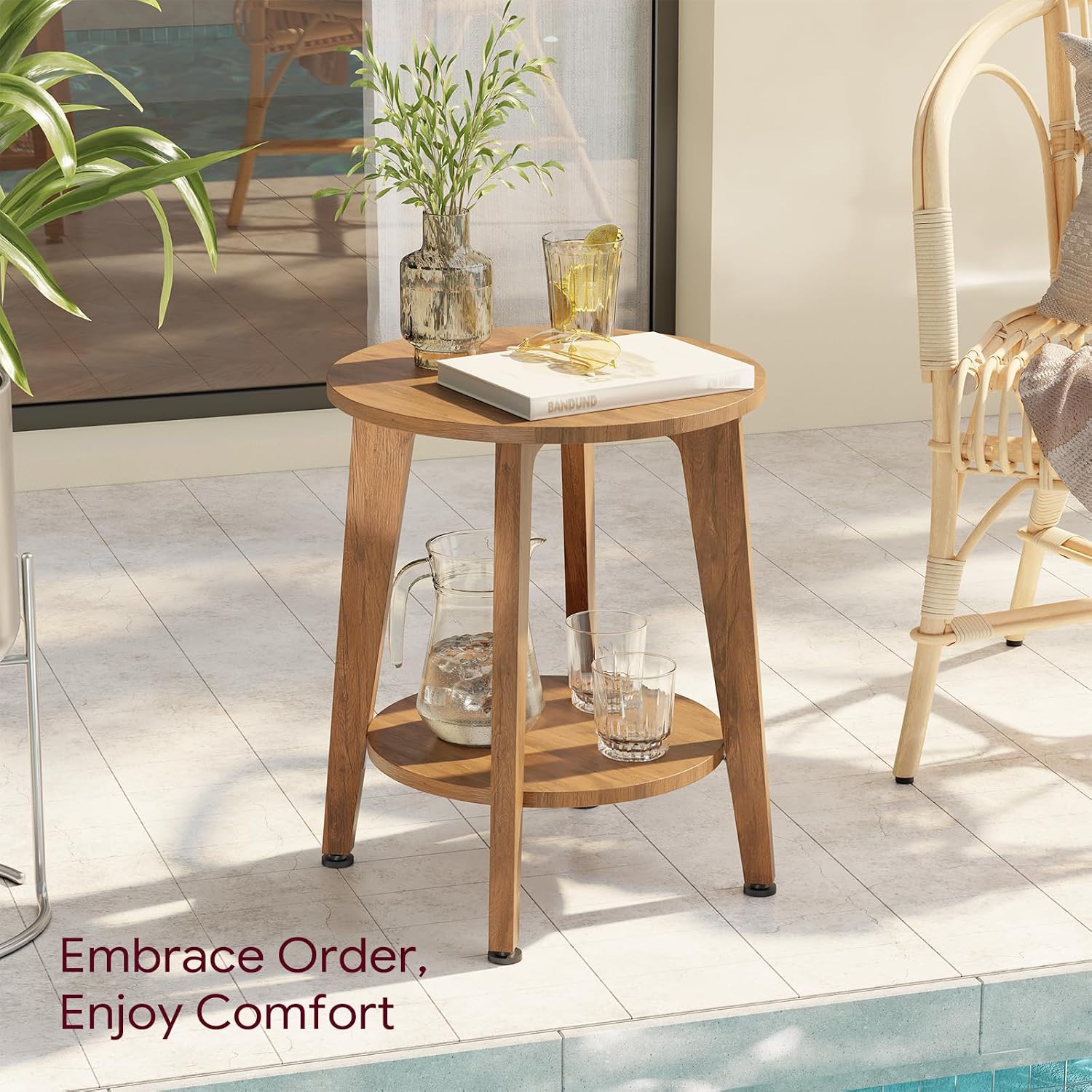 Simple Trending Round Side Table, Small End Table, Nightstand Bedside Table with Tapered Legs, for Living Room, Rustic Walnut