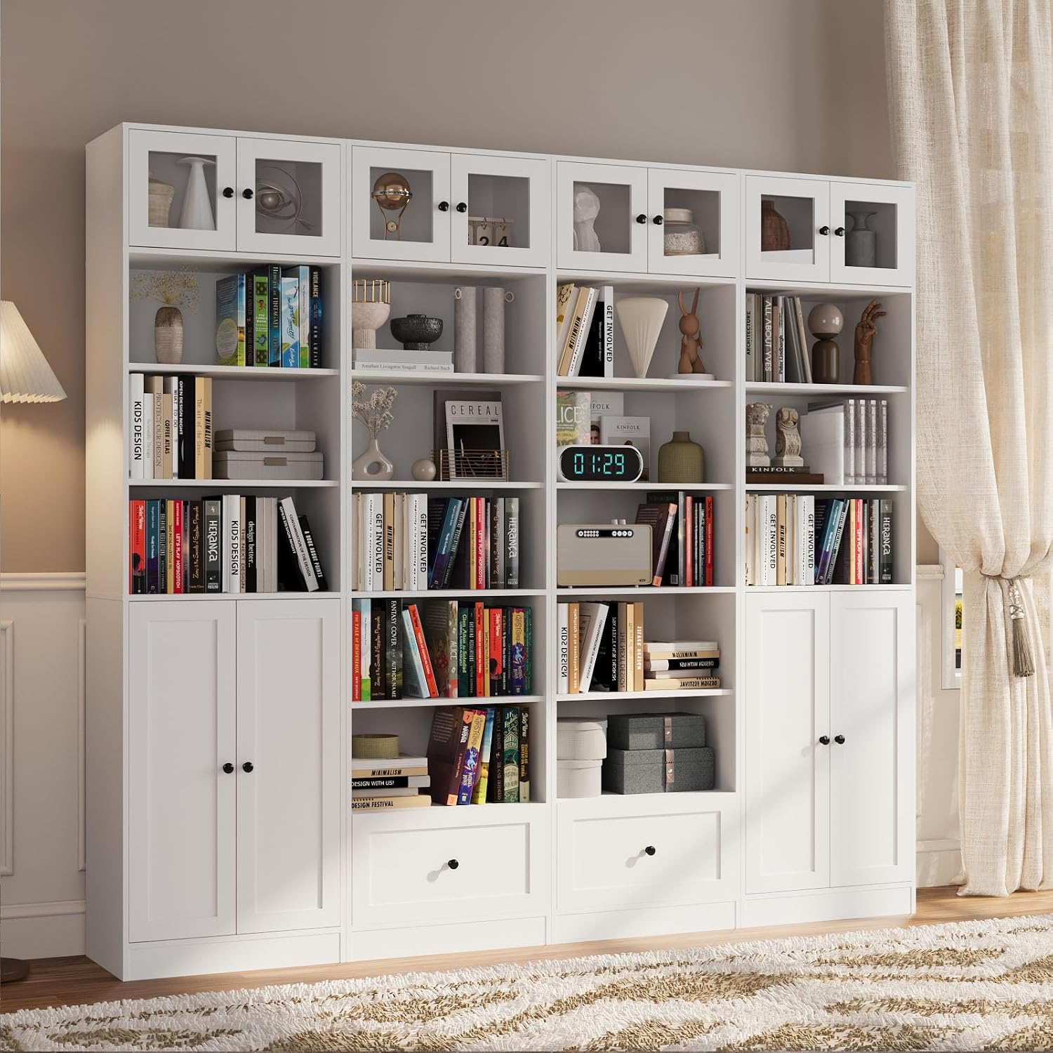 TUSY 85.5 Inch Tall Bookshelf with Doors - 7 Tier Bookcase with Glass Doors and Drawer, 23.6" Wide Storage Cabinet with Open Shelves for Living Room, White Book Shelf for Home Office, Study (AAAA)