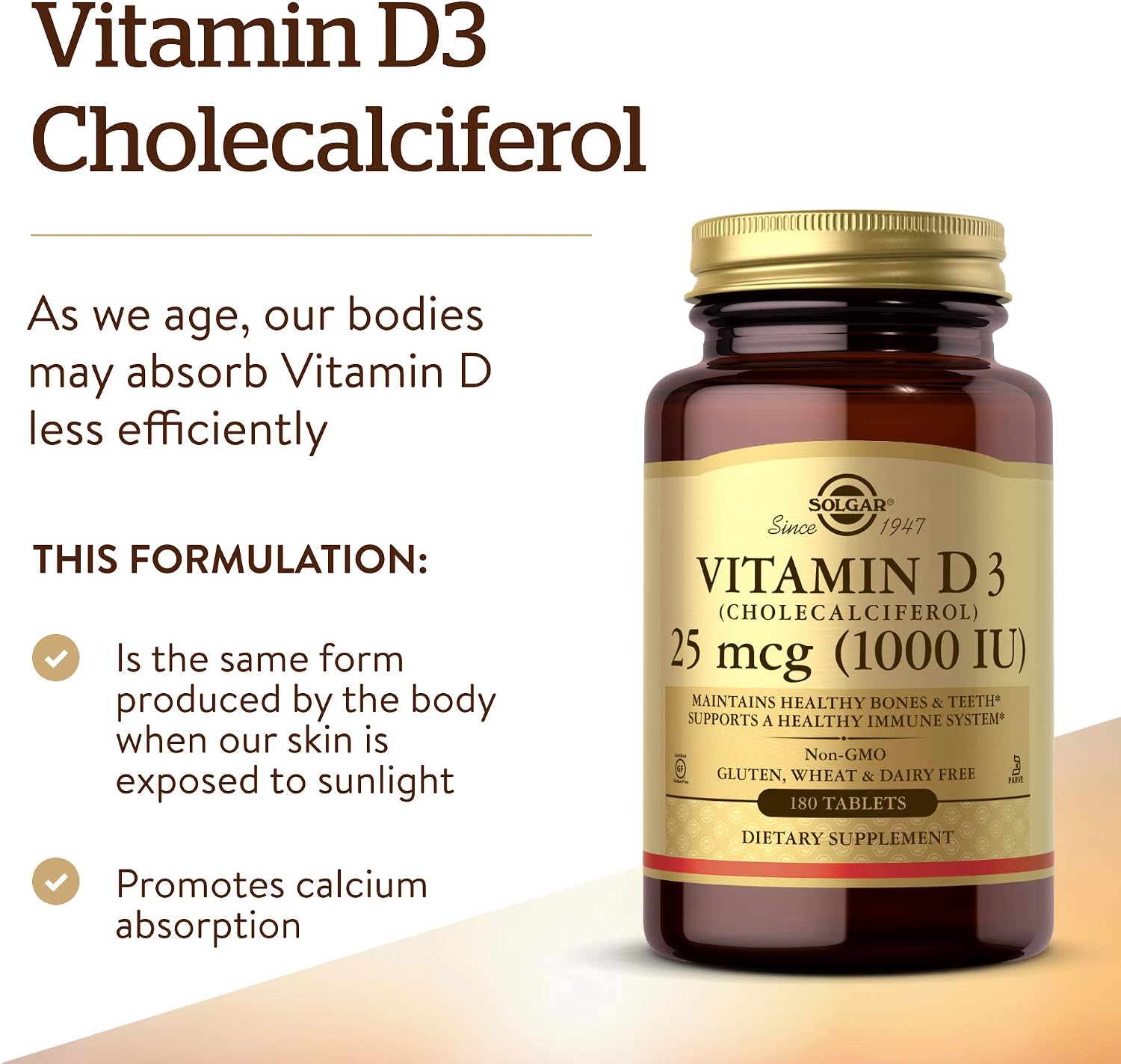 Solgar Vitamin D3 (Cholecalciferol) 25 MCG (1000 IU), 180 Servings | Helps Maintain Healthy Bones & Teeth - Immune System Support - Non-GMO, Gluten Free, Dairy Free, Kosher