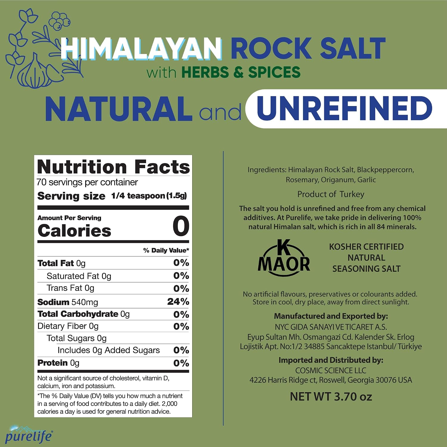 Purelife Himalayan Rock Salt with Mixed Herbs & Spices – Gourmet Kosher Natural Crystal Blend with Minerals in Glass Bottle with Ceramic Mill