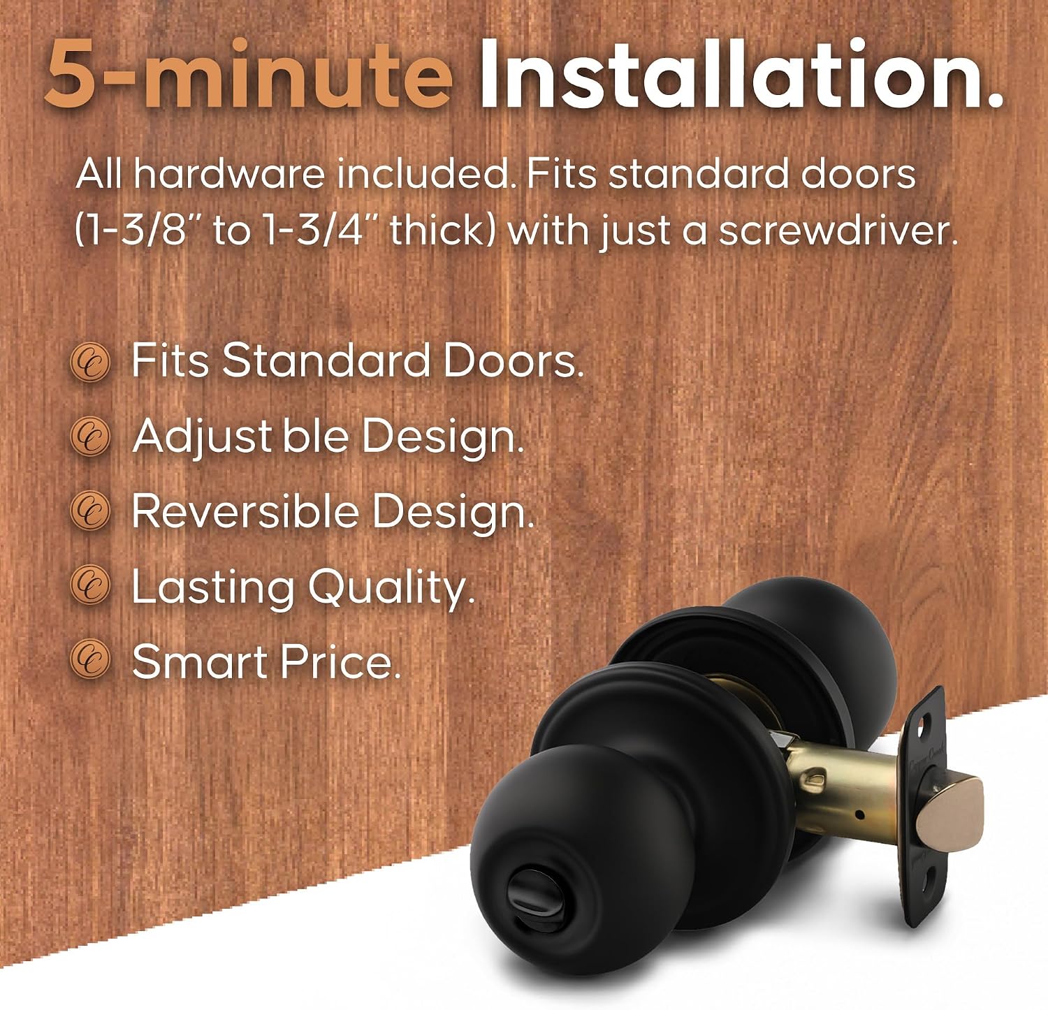 Copper Creek Privacy Interior Door Knob – ANSI Grade-3 Certified, Modern Heavy Duty Handle, Easy Install and Reversible for Bedroom, Bathroom & Closets – Satin Stainless (1 Pack)