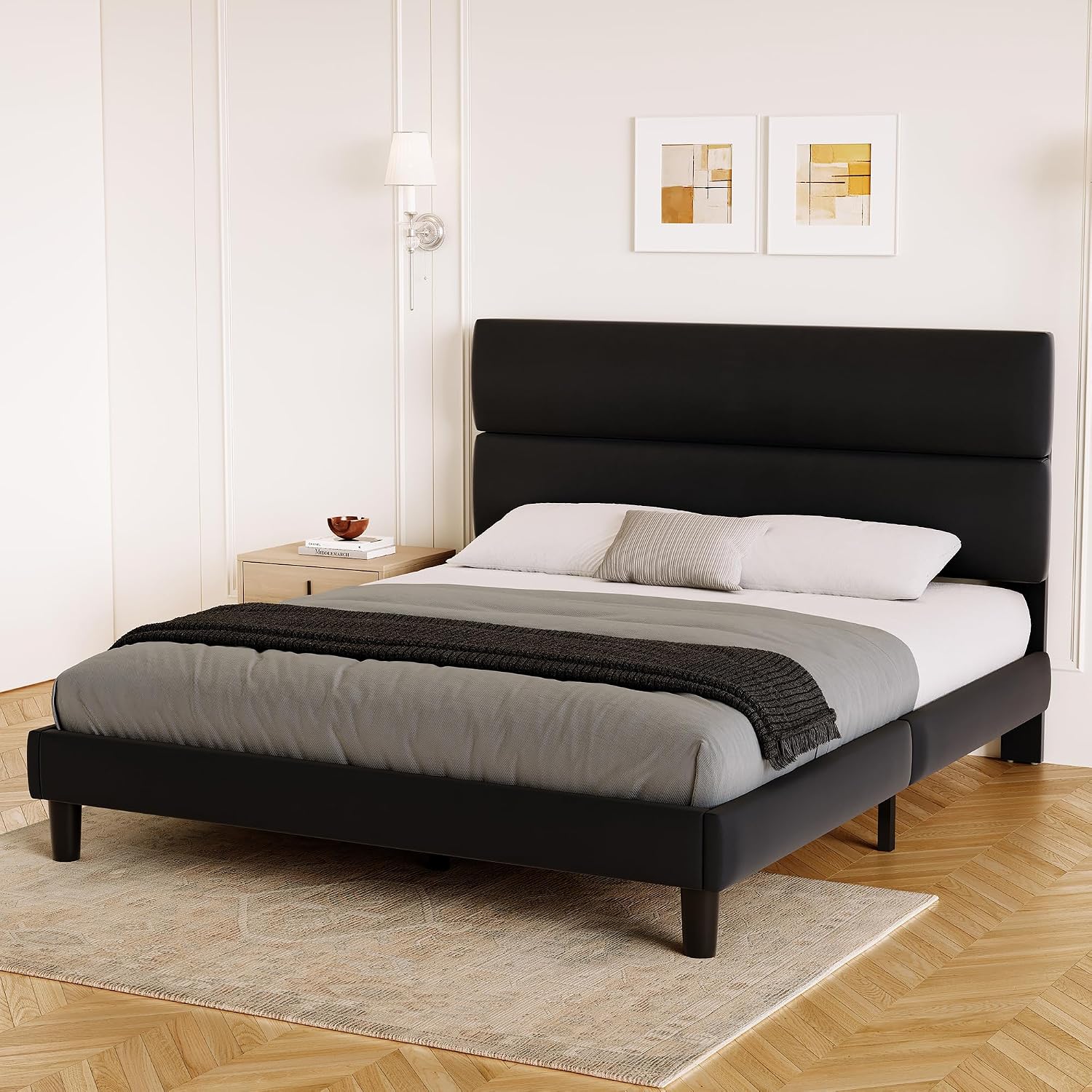 GRUSIGN Queen Size Platform Bed Frame with Velvet Headboard, Adjustable Height Wooden Slats Support, Upholstered Mattress Foundation, Fits Mattress or Mattress with Box Spring, Easy Assembly, Beige