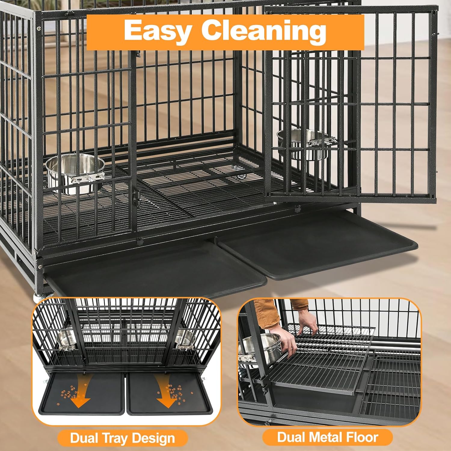 Homey Pet Taller 43" Heavy Duty Double Dog Crates with Divider & Dual Door | Drop Cage for Dogs with Lockable Wheels, Bowls, Removable Tray, Top Access, Ideal for Small to Medium & Large Dogs, Breeders