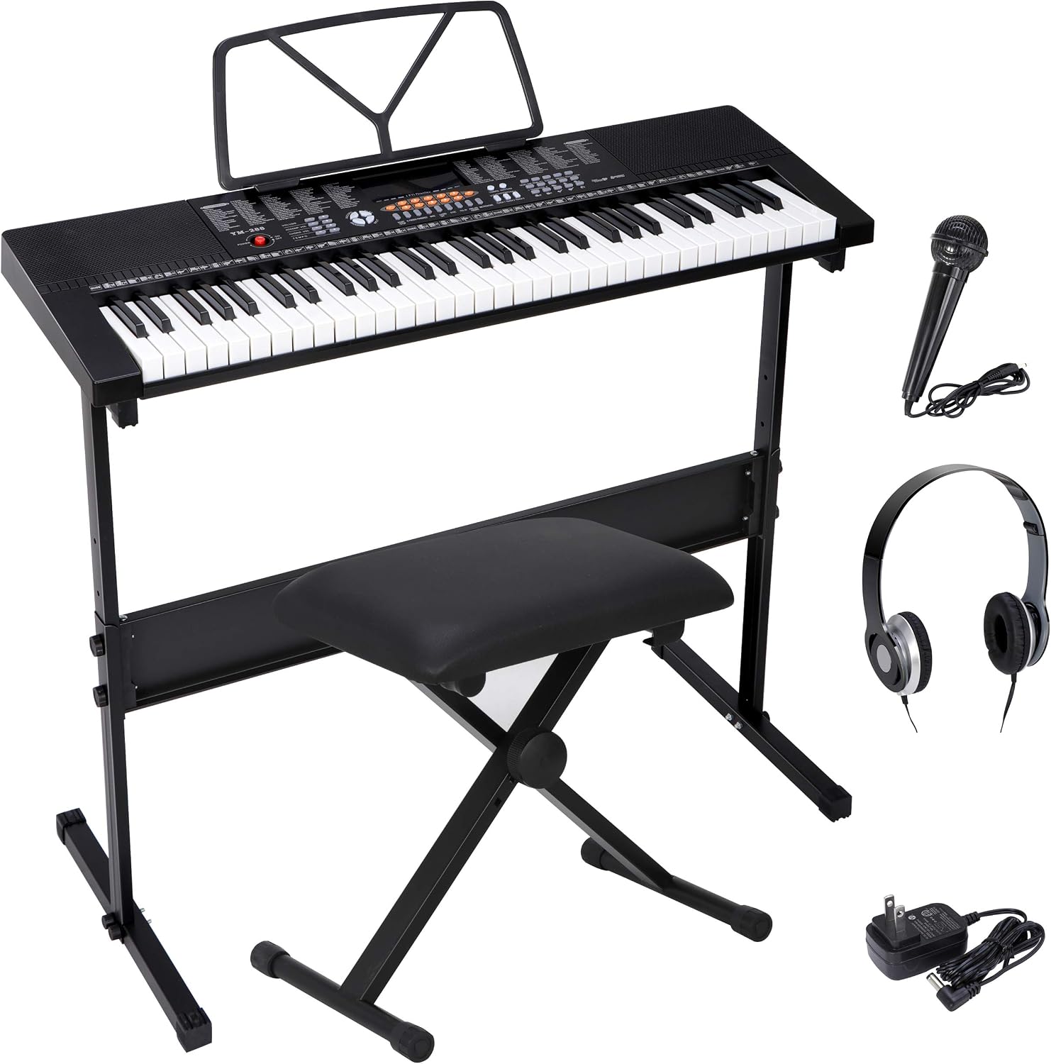 Saturnpower 61-Key Portable Electronic Keyboard Piano with Built In Speakers, Headphones, Microphone, Dual Power Supply, Piano Stand