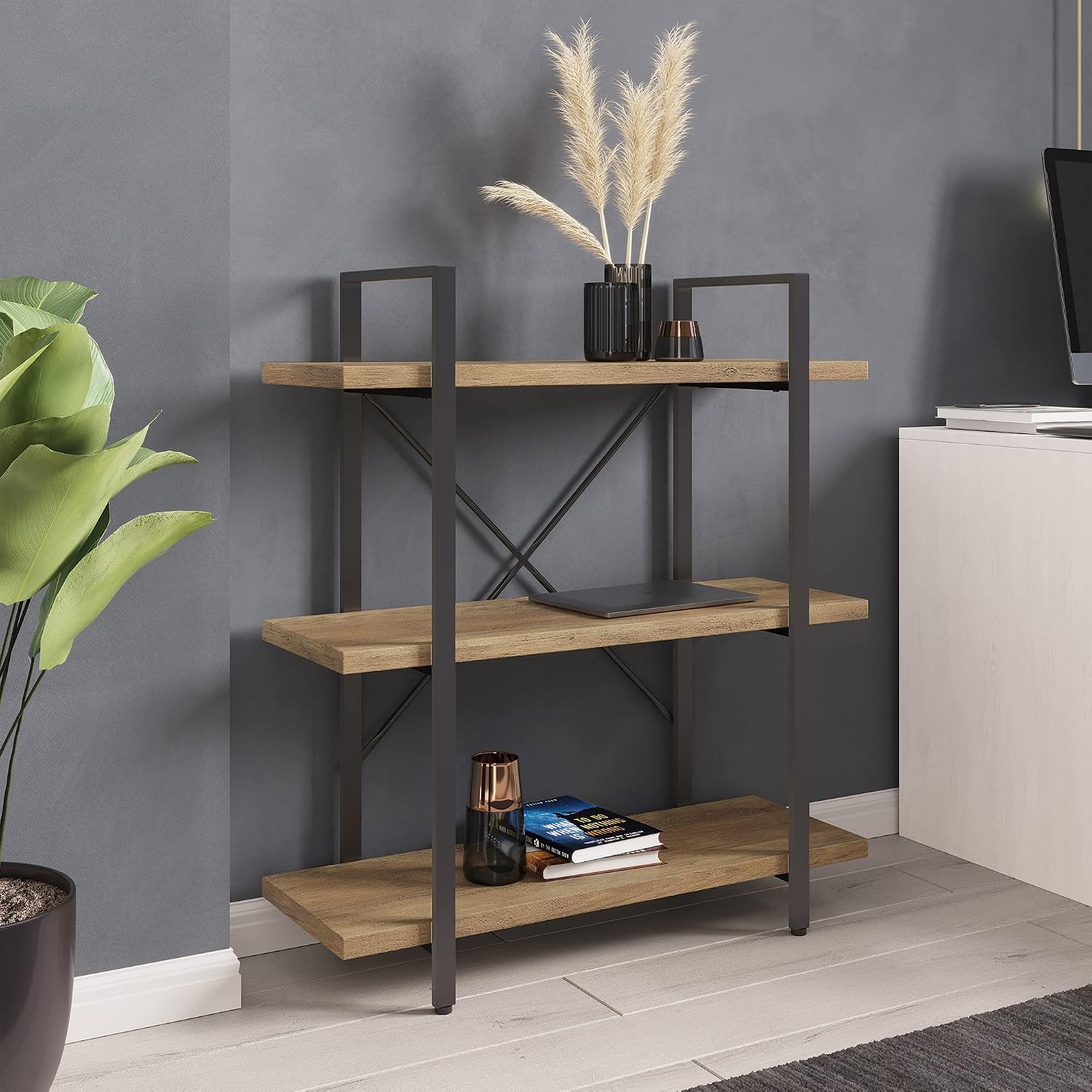 BELLEZE 4 Tier Modern Rustic Industrial Bookshelf, Open Wide Office Etagere Book Shelf