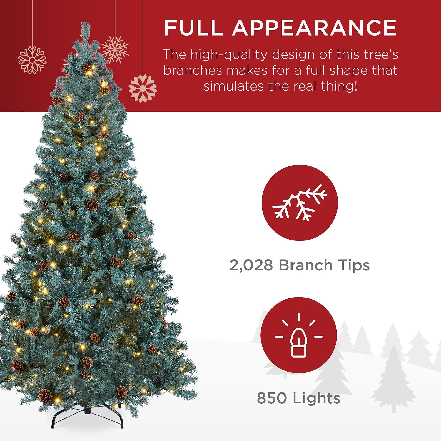 Best Choice Products 7.5ft Pre-Lit Pre-Decorated Pine Artificial Christmas Tree w/Twinkling LEDs, 1, 346 Flocked Frosted Tips, 80 Pinecones