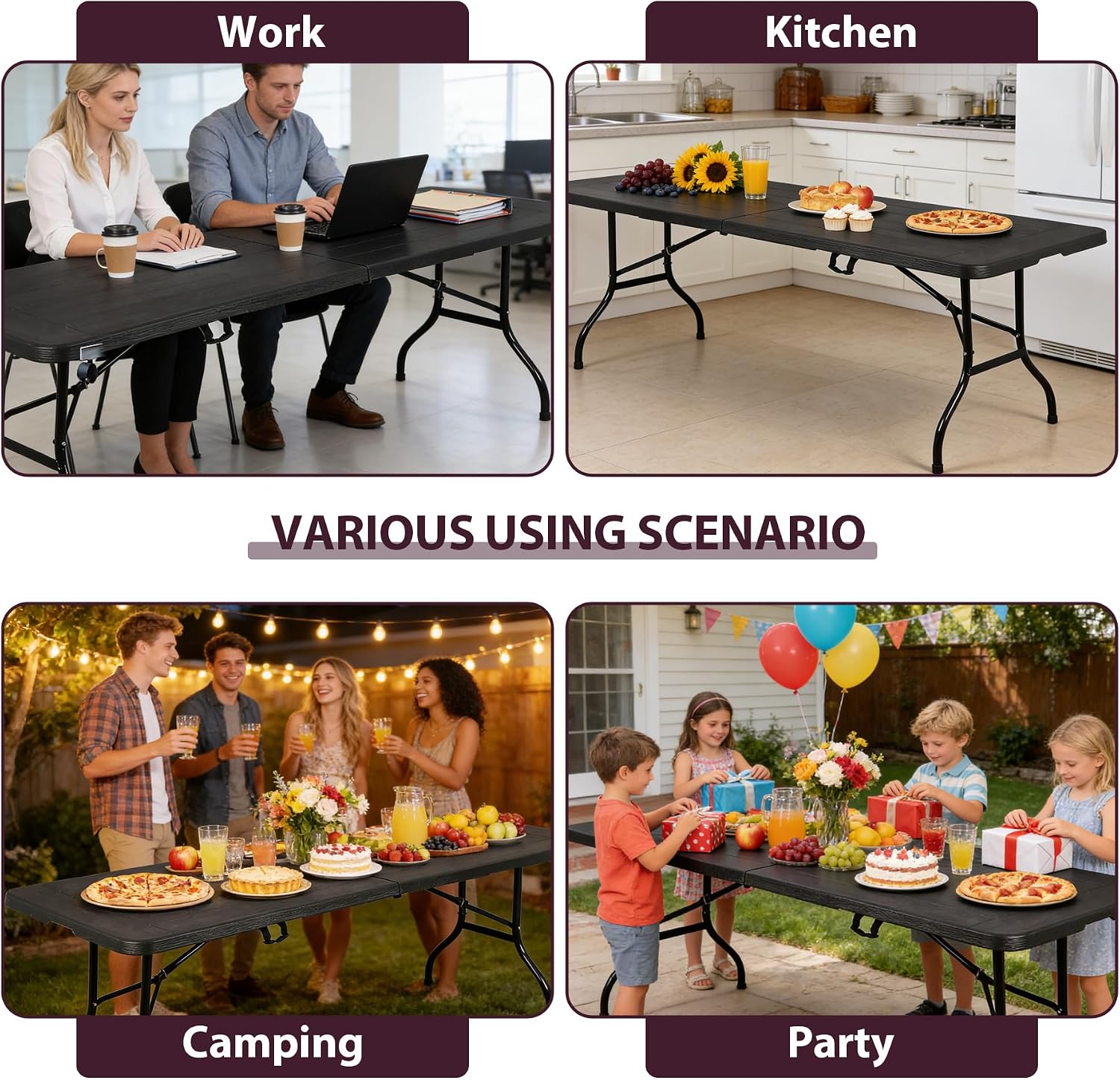 ZenStyle 6 ft Indoor Outdoor Heavy Duty Plastic Folding Table Portable Picnic Table Fold-in-Half Utility Table w/Handle and Steel Legs for Camping
