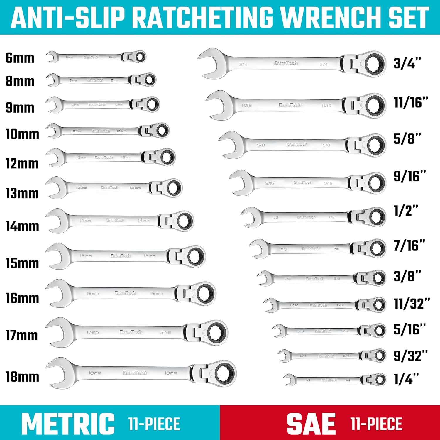 DURATECH 22-Piece Ratcheting Wrench Set, Combination Wrench Set, Metric&SAE