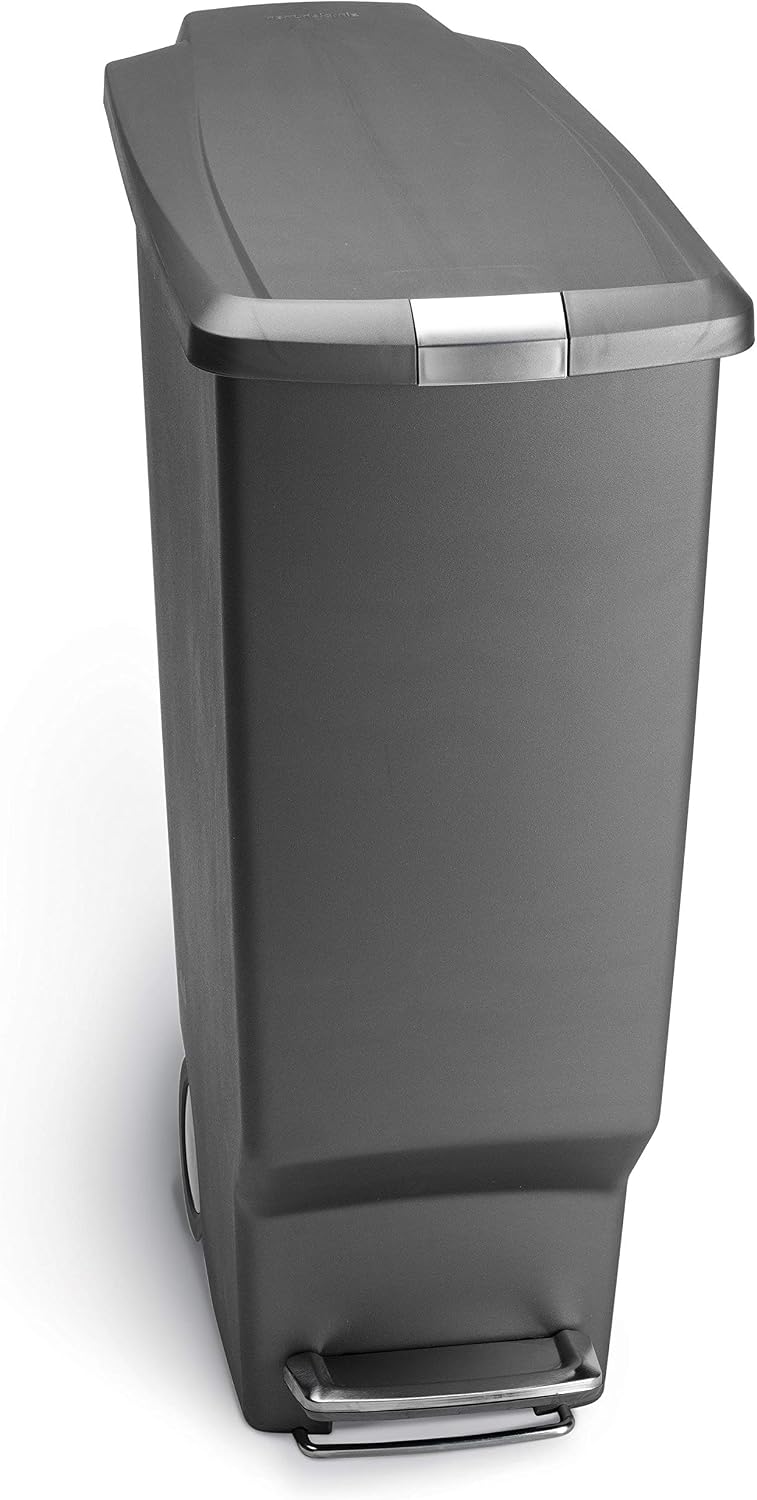 simplehuman 40 Liter / 10.6 Gallon Slim Kitchen Step Trash Can With Secure Slide Lock, Black Plastic