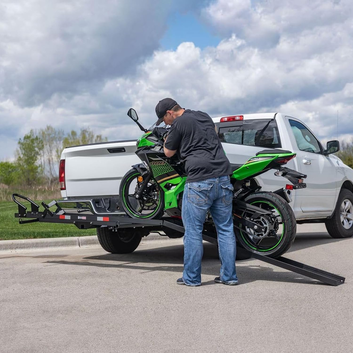 Black Widow Steel Motorcycle Carrier with Ramp for 2-Inch Receiver, 500 lb Capacity - Hitch-Mounted Dirt Bike and Scooter Hauler with Grit-Coated Track and Anti-Rattle Device for SUVs and Trucks