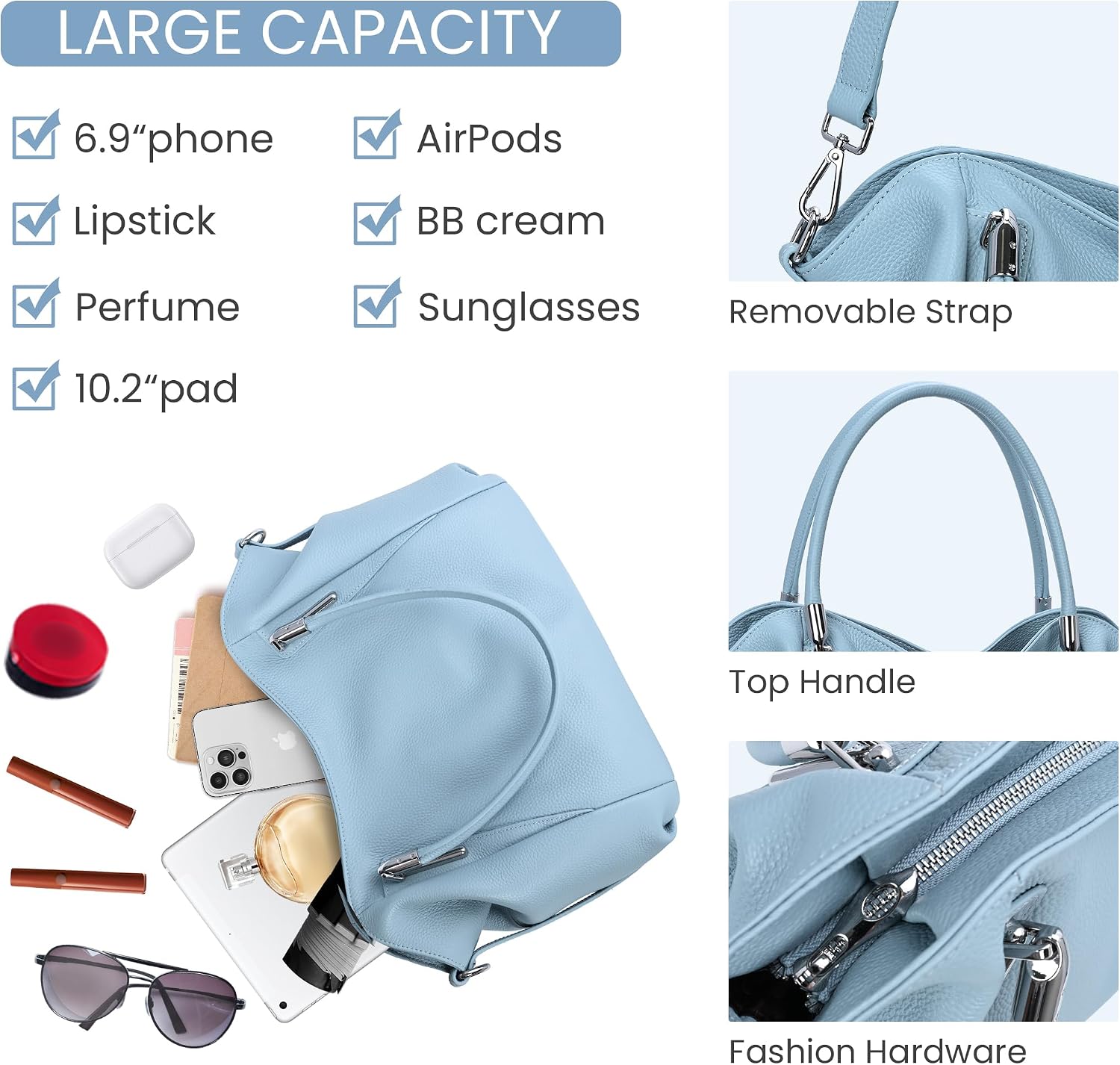 HESHE Leather Shoulder Purses for Women Tote Handbags Satchel Hobo Handbag | Designer Genuine Leather Travel Top Handle Work Bag Ladies Crossbody Purses Adjustable Straps Large Capacity Zippered Closure