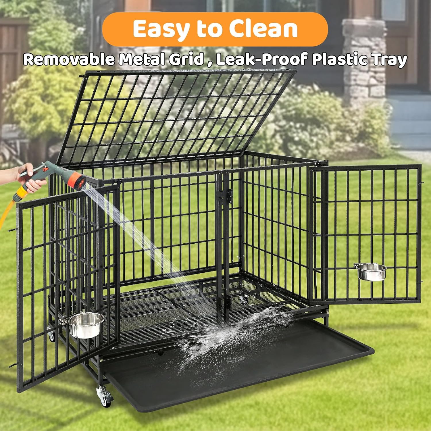 Homey Pet Taller 43" Heavy Duty Double Dog Crates with Divider & Dual Door | Drop Cage for Dogs with Lockable Wheels, Bowls, Removable Tray, Top Access, Ideal for Small to Medium & Large Dogs, Breeders