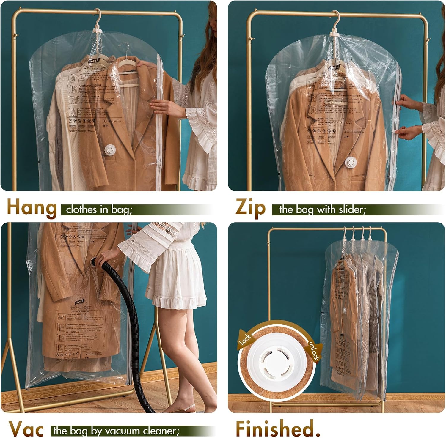 TAILI Hanging Vacuum Storage Bags, Space Save Vacuum seal bags for Clothing Travel, Suits and Jackets, Winter Coat Storage Closet Organizers, Set of 4 (2 Long, 2 Short), Clear