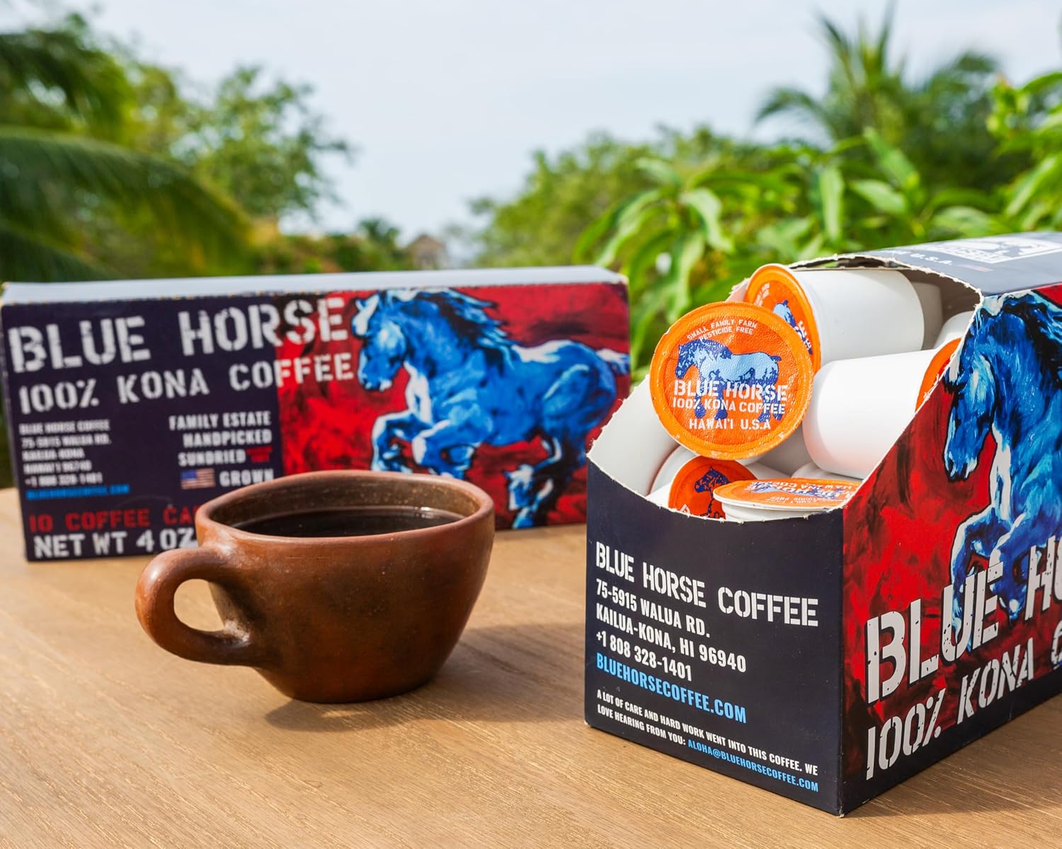 Blue Horse 100% Kona Coffee Pods, Medium Roast, 10ct Single Serve, Compatible with K Cups 2.0, Farm Fresh, Authentic Arabica Beans from Hawaii’s Big Island with a Smooth, Rich Flavor