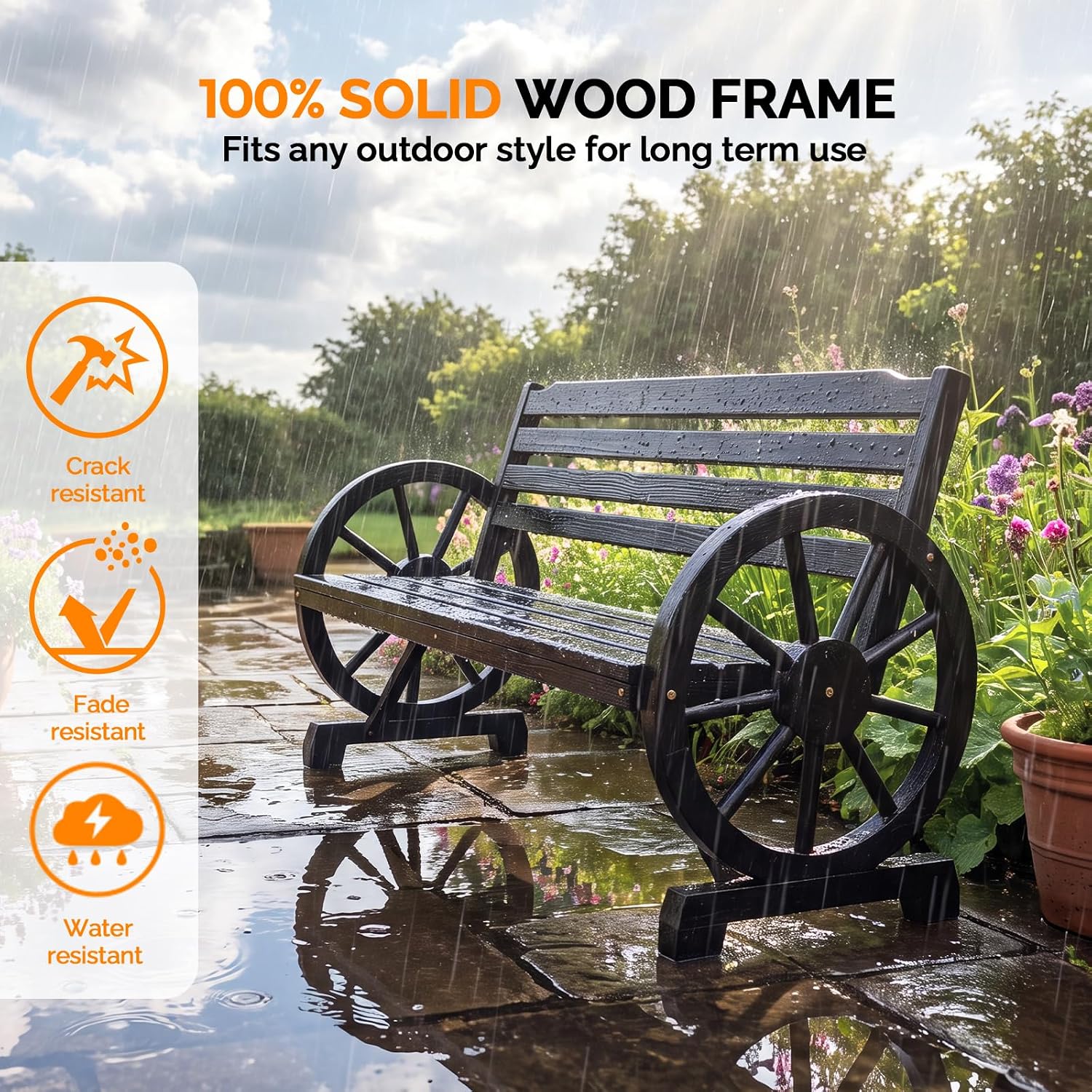 VINGLI Rustic Wooden Wheel Bench Outdoor Bench, Patio Bench Wagon Slatted Seat, Garden Benches for Outdoors 350lbs High Capacity