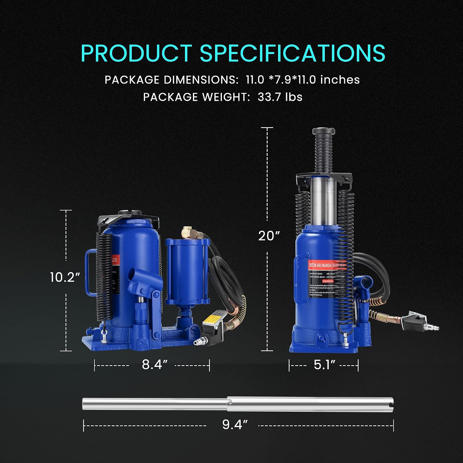 SPECSTAR Pneumatic Air Hydraulic Bottle Jack with Manual Hand Pump 20 Ton