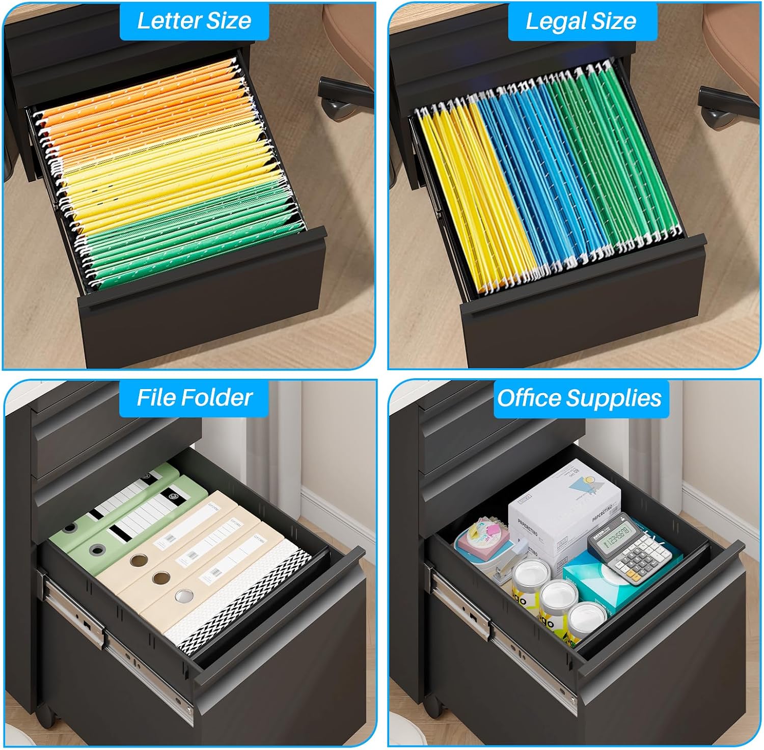 3-Drawer Mobile Steel Filing Cabinet with Lock, Fully Assembled Under Desk File Cabinet for Letter/Legal/A4 Size, Heavy Duty Storage Organizer for Home Office