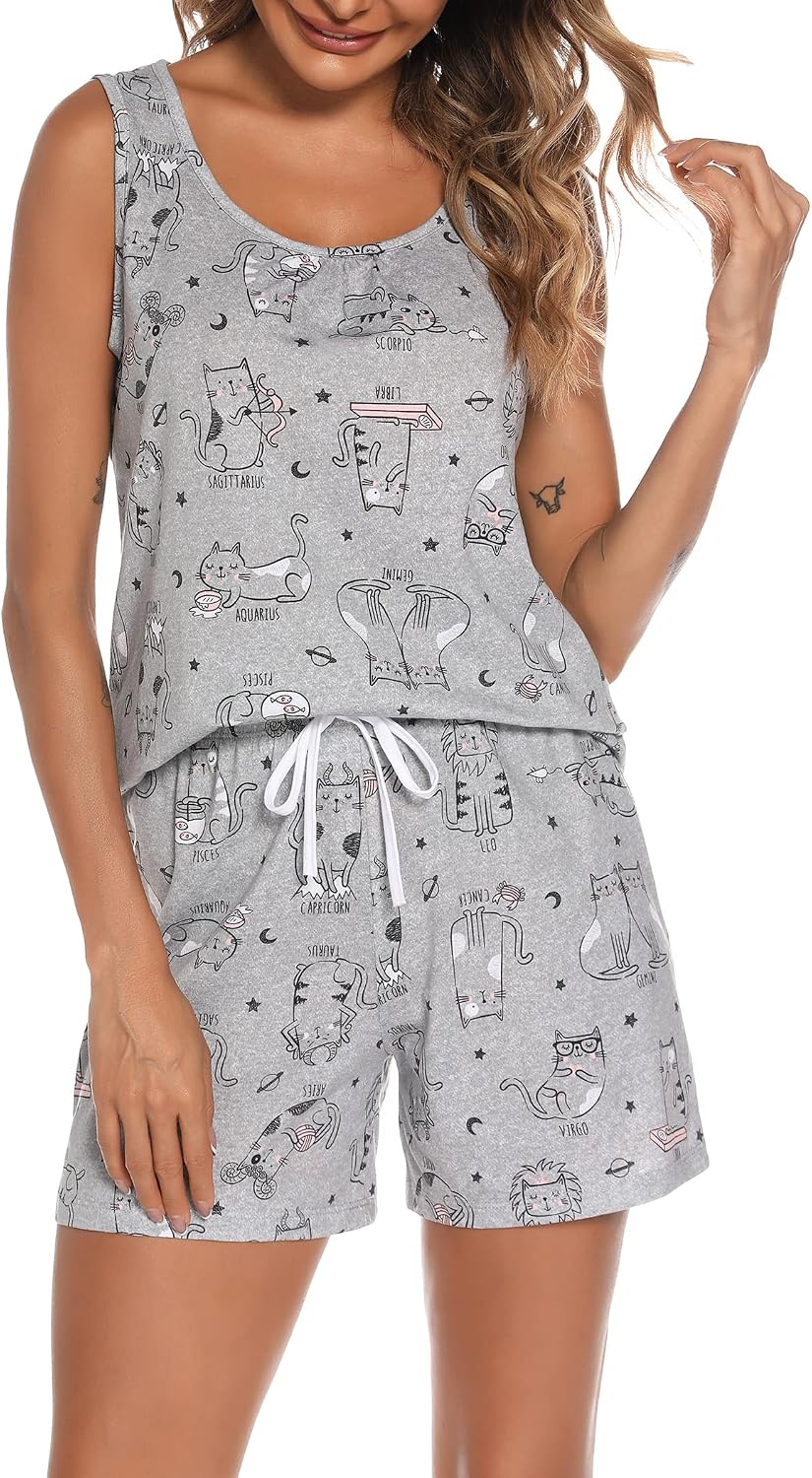 ENJOYNIGHT Womens Pajama Set Cotton Summer Sleep Tank and Shorts Pjs