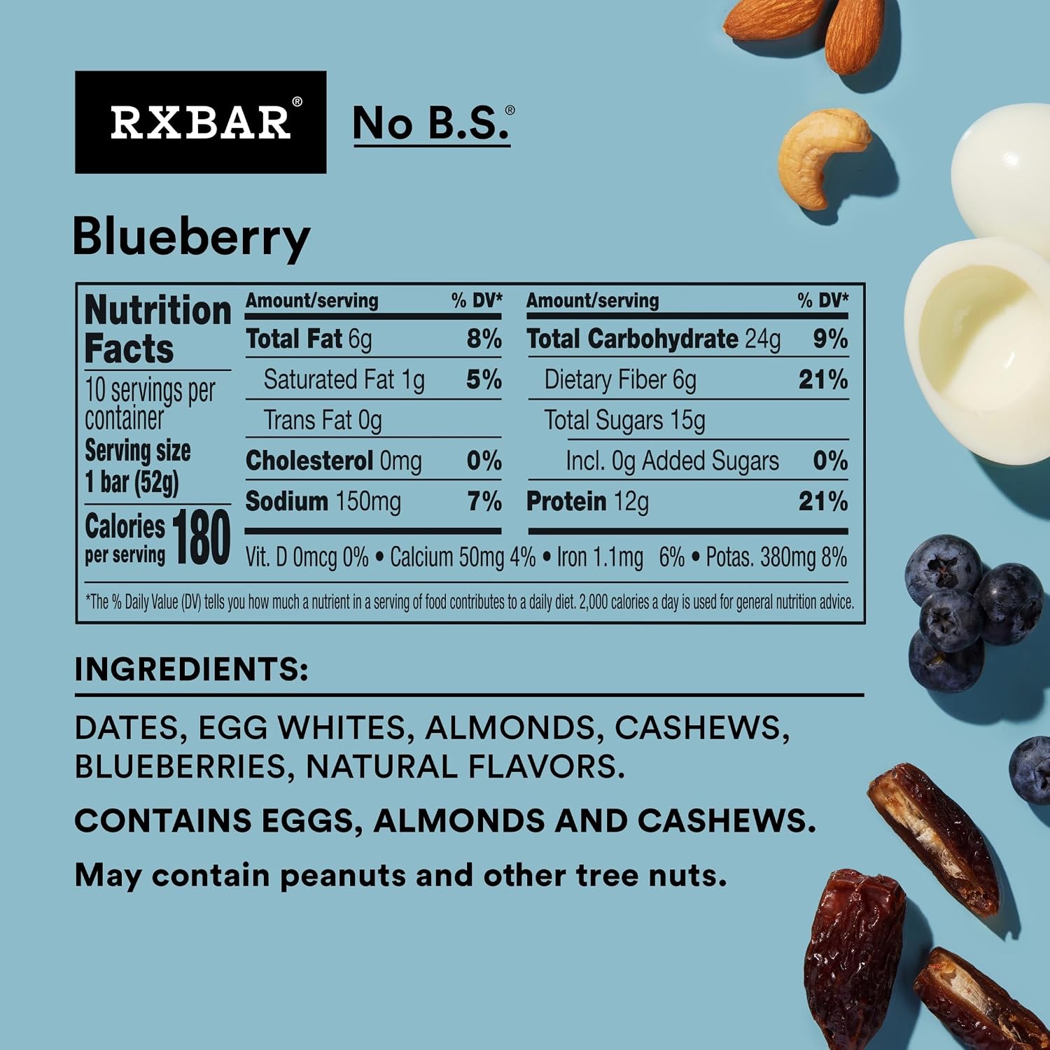 RXBAR Protein Bars, 12g Protein, Gluten Free Snacks, Blueberry, 22oz Box (12 Bars)