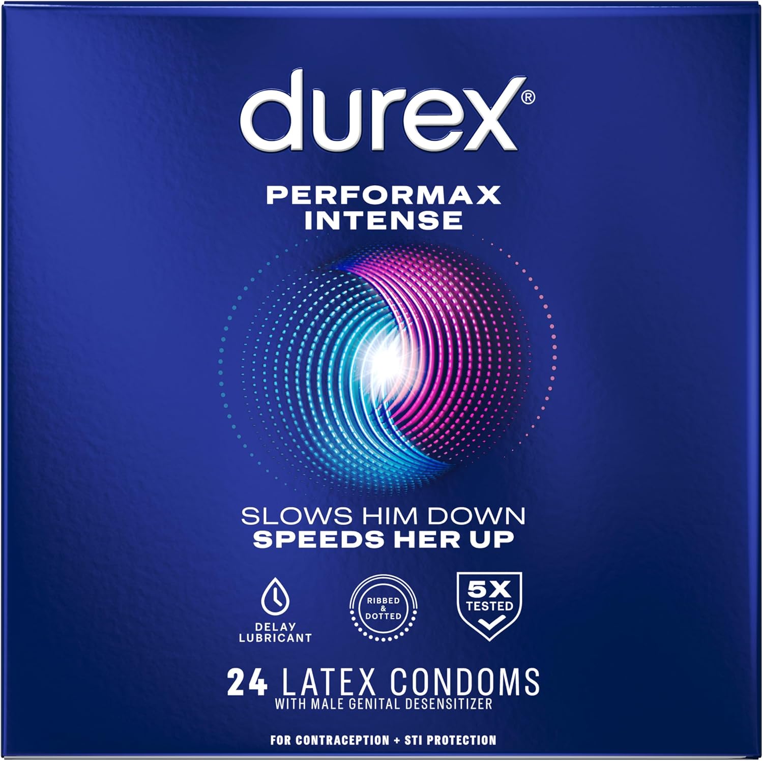 Condoms, Ultra Fine, Ribbed, Dotted with Delay Lubricant, Durex Performax Intense Natural Rubber Latex Condoms, 12 Count, Contains Desensitizing Lube for Men