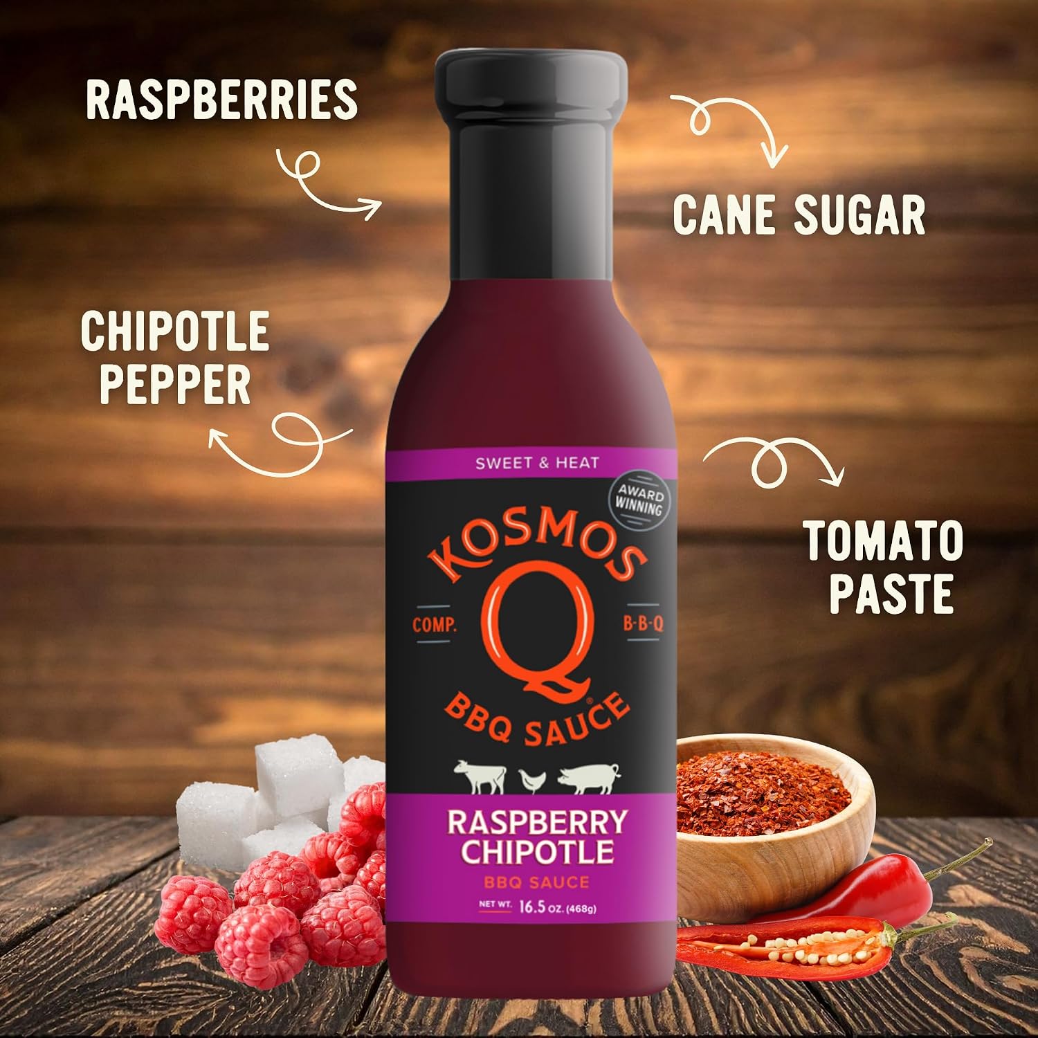 Kosmos Q Sweet Apple Chipotle BBQ Sauce, Tangy Natural Barbecue Sauce with Real Apples & Spicy Chipotle Peppers, Sweet & Spicy Glaze for Pork, Chicken, Ribs & More, Gluten Free, 15.5 Oz Bottle