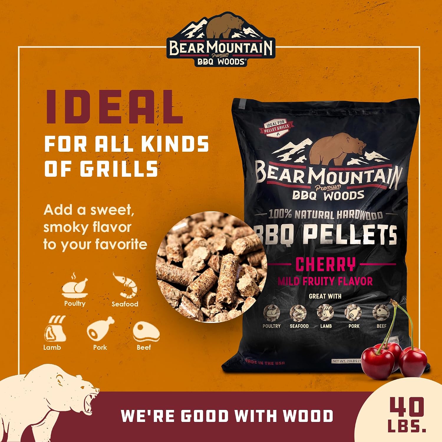 Bear Mountain Gourmet Blend Pellets for Smoker and Grill, 40lb Bag