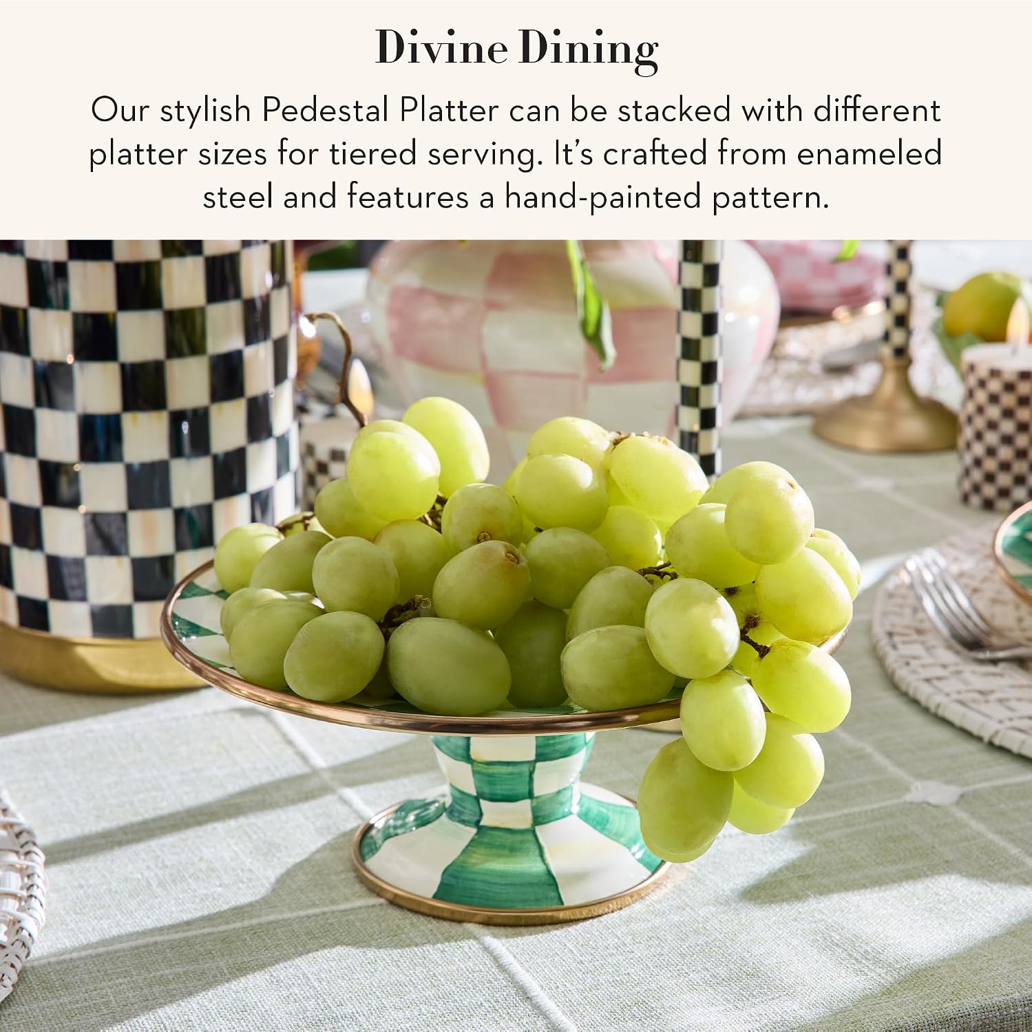 MACKENZIE-CHILDS Pedestal Platter, Mini, Black-and-White Courtly Check | Hand-painted design, made from enameled steel, stackable round cake stand for serving desserts, 8" dia. x 3" H