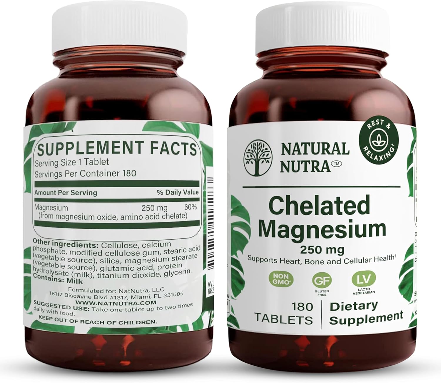 Natural Nutra Chelated Magnesium Oxide 250 mg - High Absorption for Strong Bones, Heart Health, Dental Health, Energy Boost, Gluten-Free, Non-GMO, 180 Tablets in BPA-Free Recyclable Glass Bottles