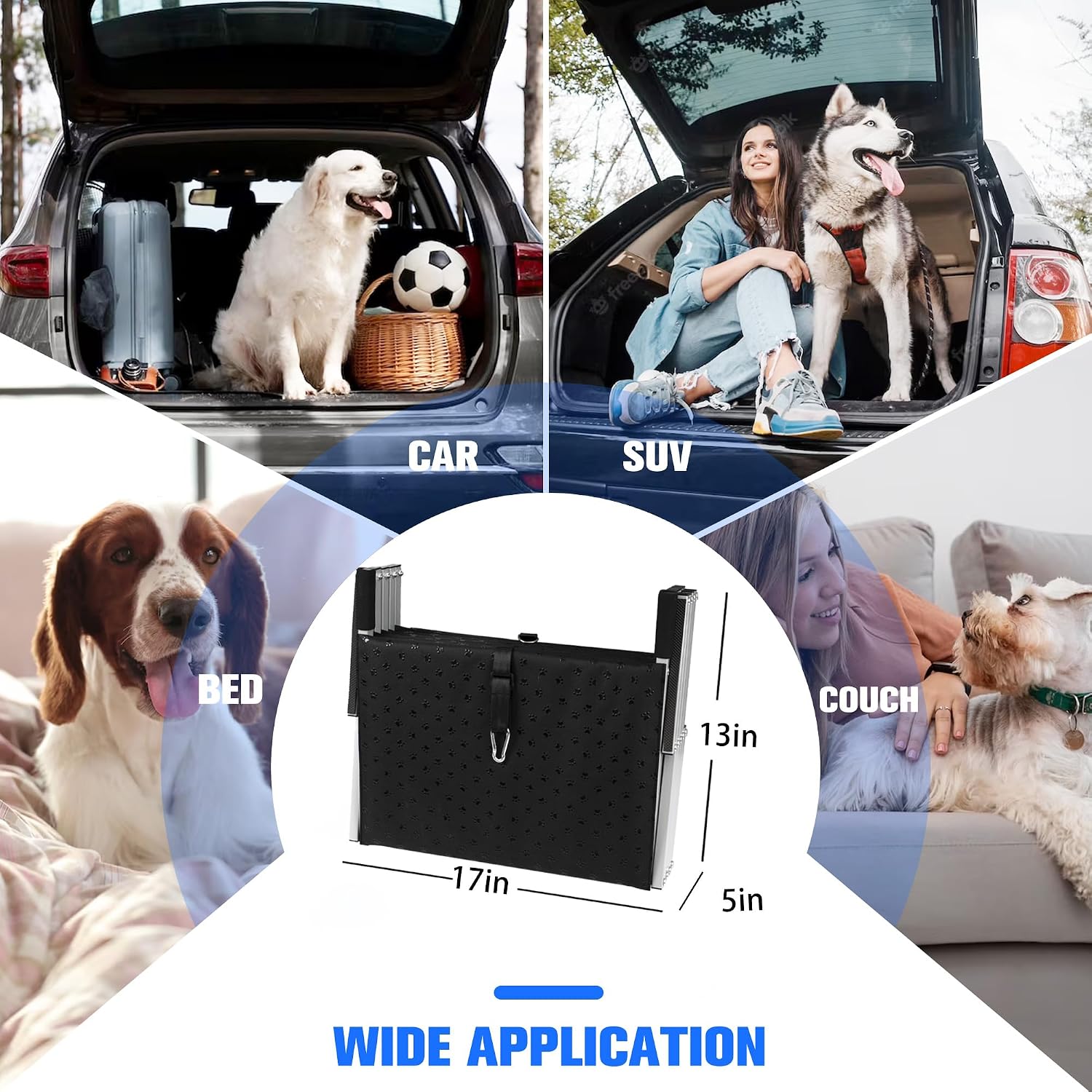 Foldable Dog Stairs for Car,17" Extra Wide Pet Ramp for Large Dog,6 Steps | 17" Extra Wide 200LBS Capacity Lightweight Portable Reinforced Pet Ramp for SUV Truck High Bed