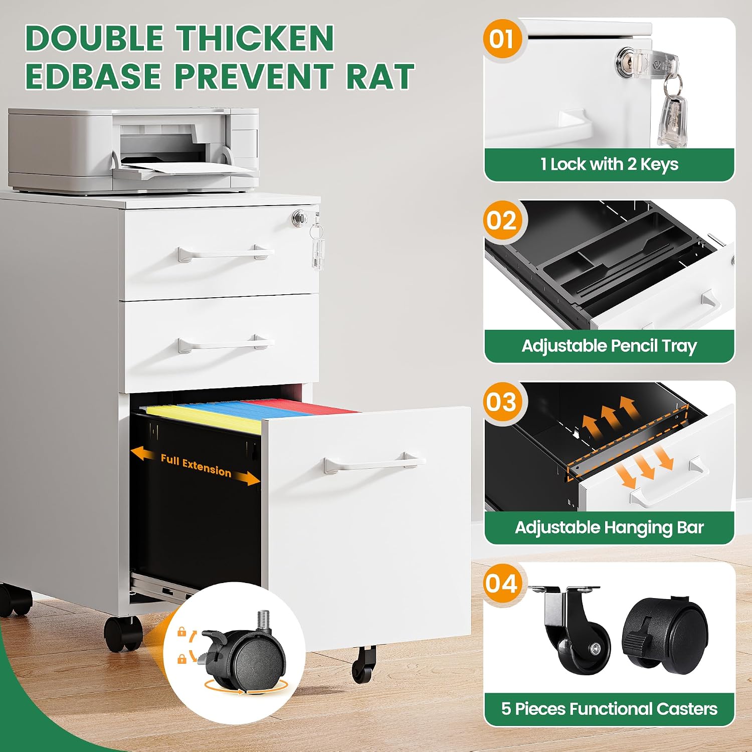3 Drawer File Cabinet with Lock,Mobile Lateral Filing Cabinet with Side Hook for Letters/Legal/A4, Metal Printer Stand Storage Cabinets with Shelves for Home Office(Black)