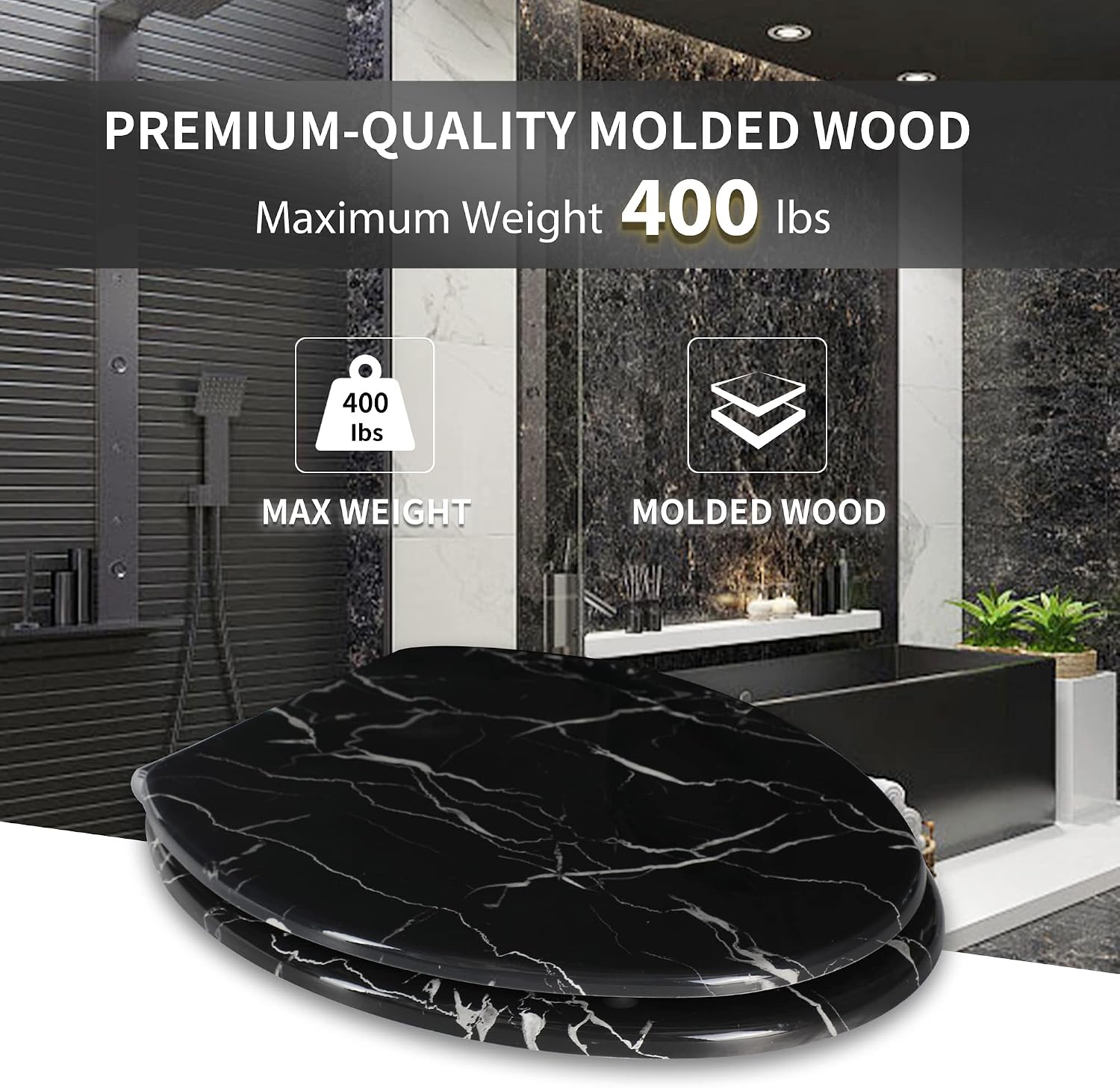 Angel Shield Marble Toilet Seat Durable Molded Wood with Quiet Close,Easy Clean，Quick-Release Hinges (Elongated,Black Marble)