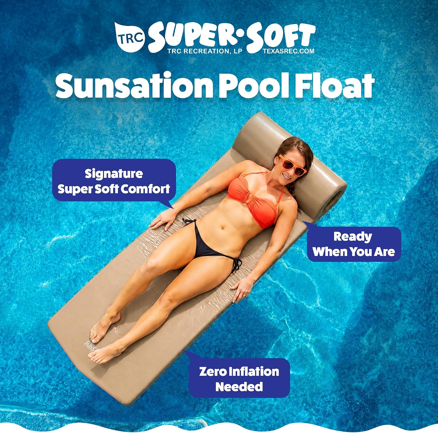 TRC Recreation Sunsation 1.75" Thick Foam Pool Float Lounger w/ Headrest for Lounging & Sunbathing in Swimming Pools, Beaches & Lakes, 70" x 26
