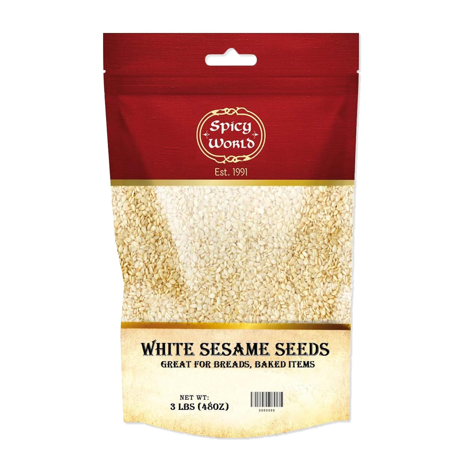 Spicy World White Sesame Seeds 3 LB Bag - Natural, Raw, Hulled, Non-GMO, Bulk Resealable Bag