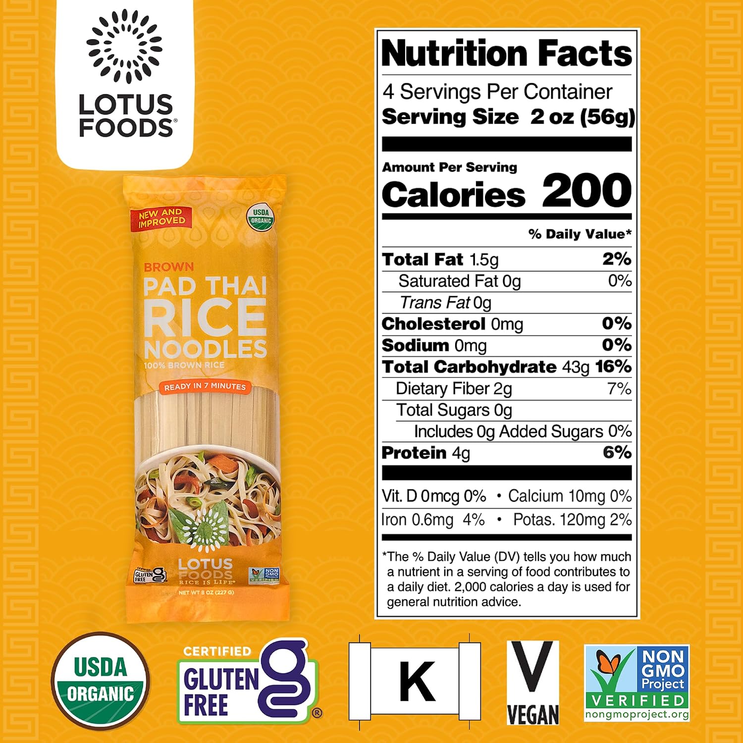 Lotus Foods Organic Brown Rice Pad Thai Noodles, Vegan - 8 Oz (Pack of 1) | Asian Style Noodles for Stir Fry, Gluten Free, Whole Grain, Non GMO