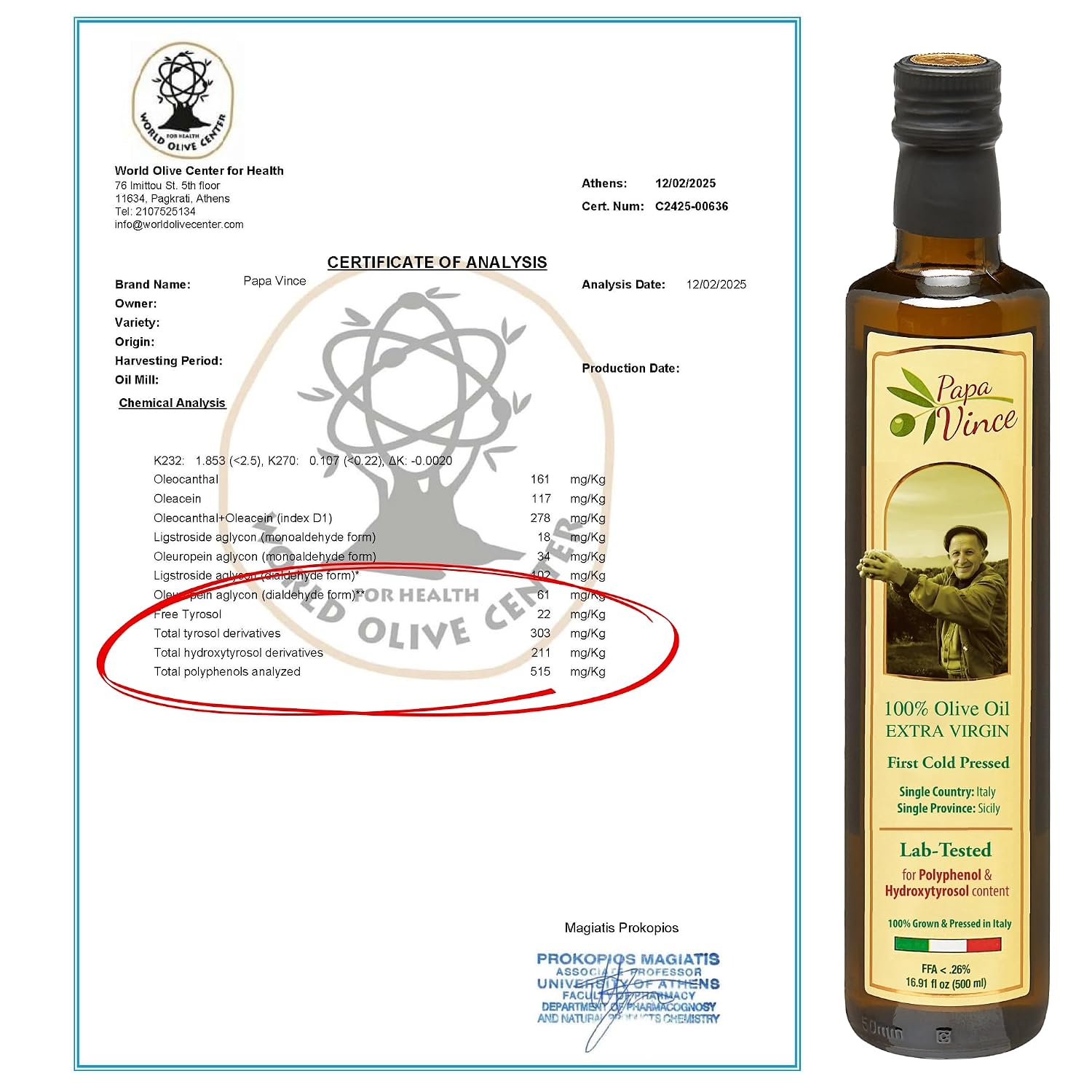Papa Vince Olive Oil Extra Virgin - First Cold Press, Sicily, Italy | Buttery, smooth, gentle peppery finish - unrefined, unblended