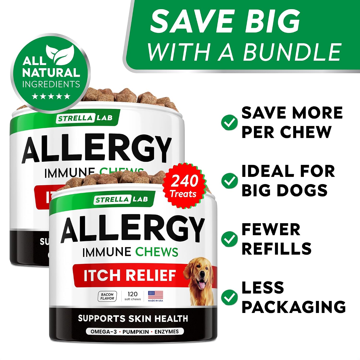 Dog Allergy & Itching Relief - Anti Itch, Skin&Coat Support Chews w/Omega 3