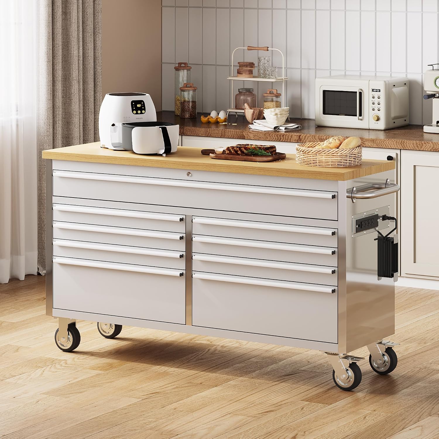 61 Inch Rolling Tool Chest, Garage Workbench with 9 Drawers, Solid Rubber Wood Top, Wheels Lock Key Locking System, Mobile Tool Cabinet Garage