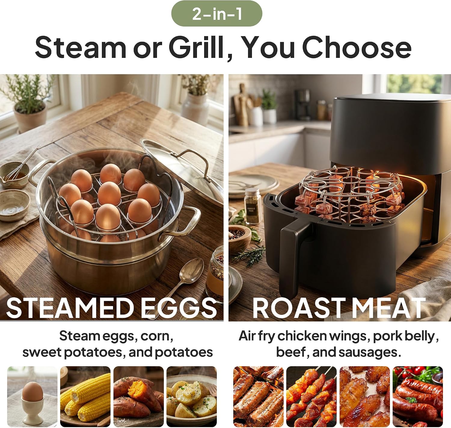 Stackable Egg Steamer Rack Holds 18 Eggs with Handles, Stainless Steel Instant Pot Trivet Fits 6qt/8qt Pressure Cooker