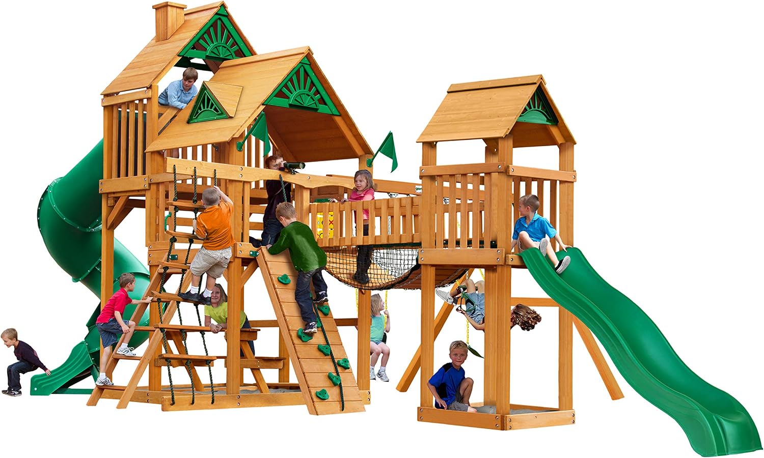 Gorilla Playsets 01-1021-AP Treasure Trove I Wood Swing Set with Wood Roof, Clatter Bridge, and Rock Wall, Amber