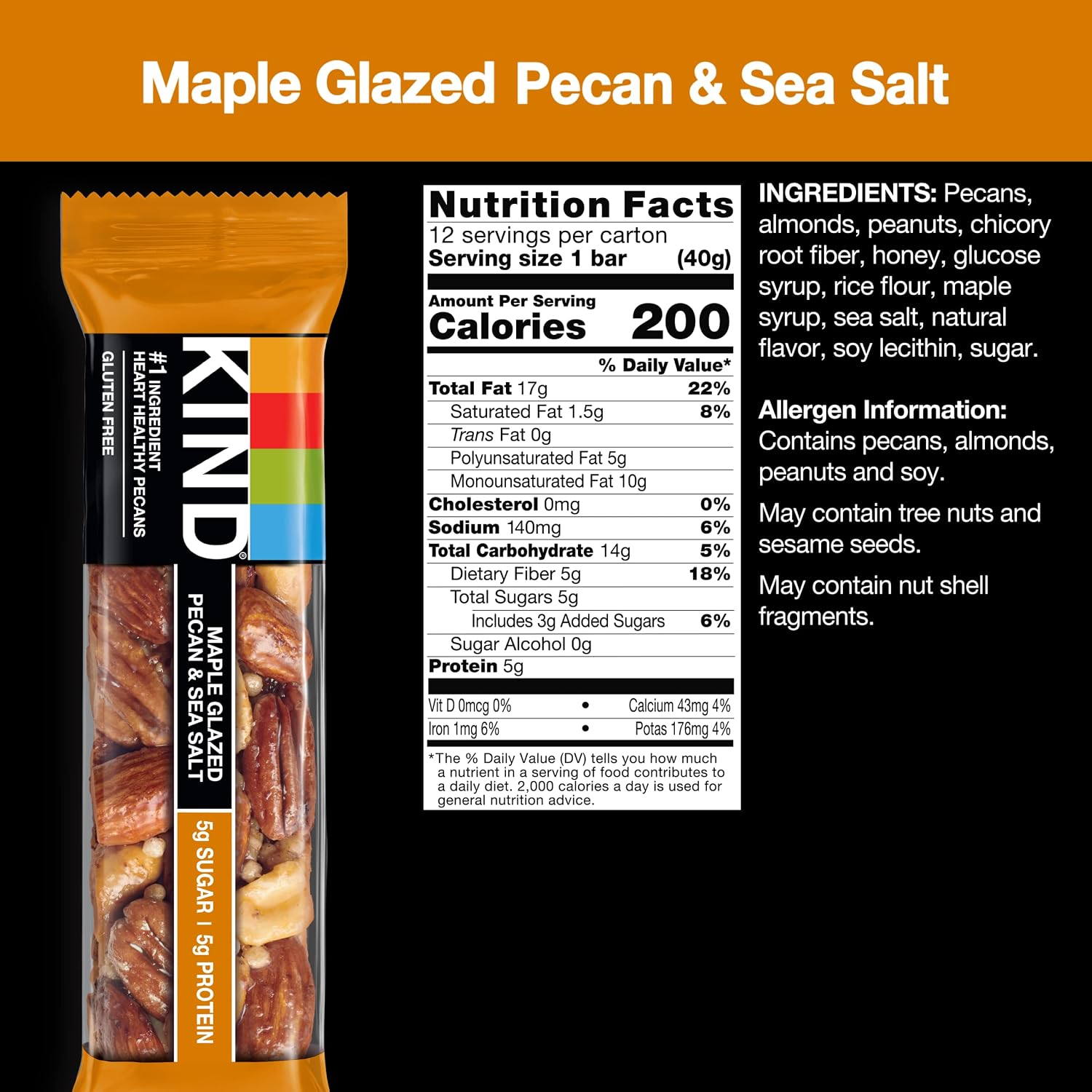 KIND Healthy Snacks Bars, Dark Chocolate Nuts & Sea Salt, Gluten Free, Low Sugar, High Fiber Snacks, 6g Protein, 12 Count