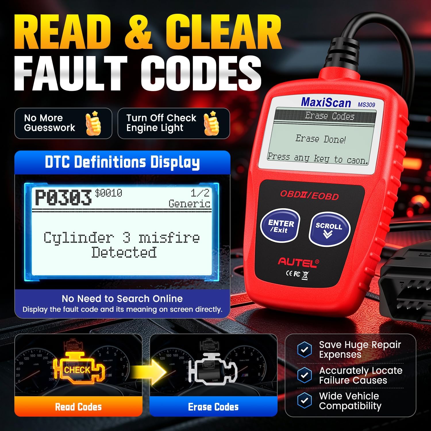 Autel OBD2 Scanner MS309 Universal Car Engine Fault Code Reader, Check Engine Light and Emission Monitor Status, OBDII CAN Diagnostic Scan Tool