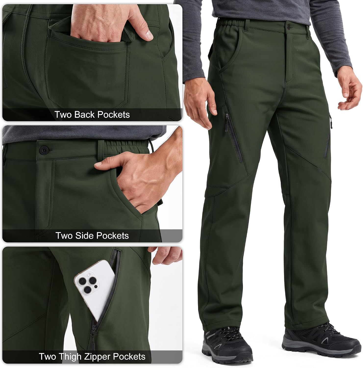 Men's Waterproof Pants Fleece Lined Insulated Winter Hiking Ski Snow Pants