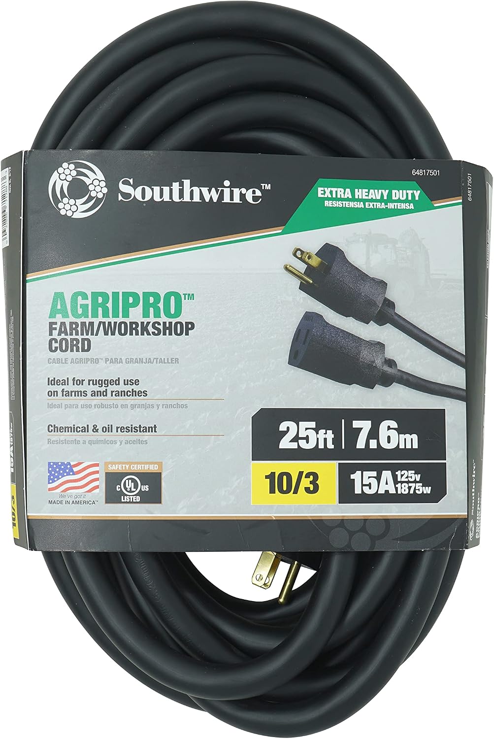 Southwire AGRIPRO 12/3 Heavy Duty Extension Cord, 25ft, Farm/Workshop Cord, SJTOW, Black, 67729001