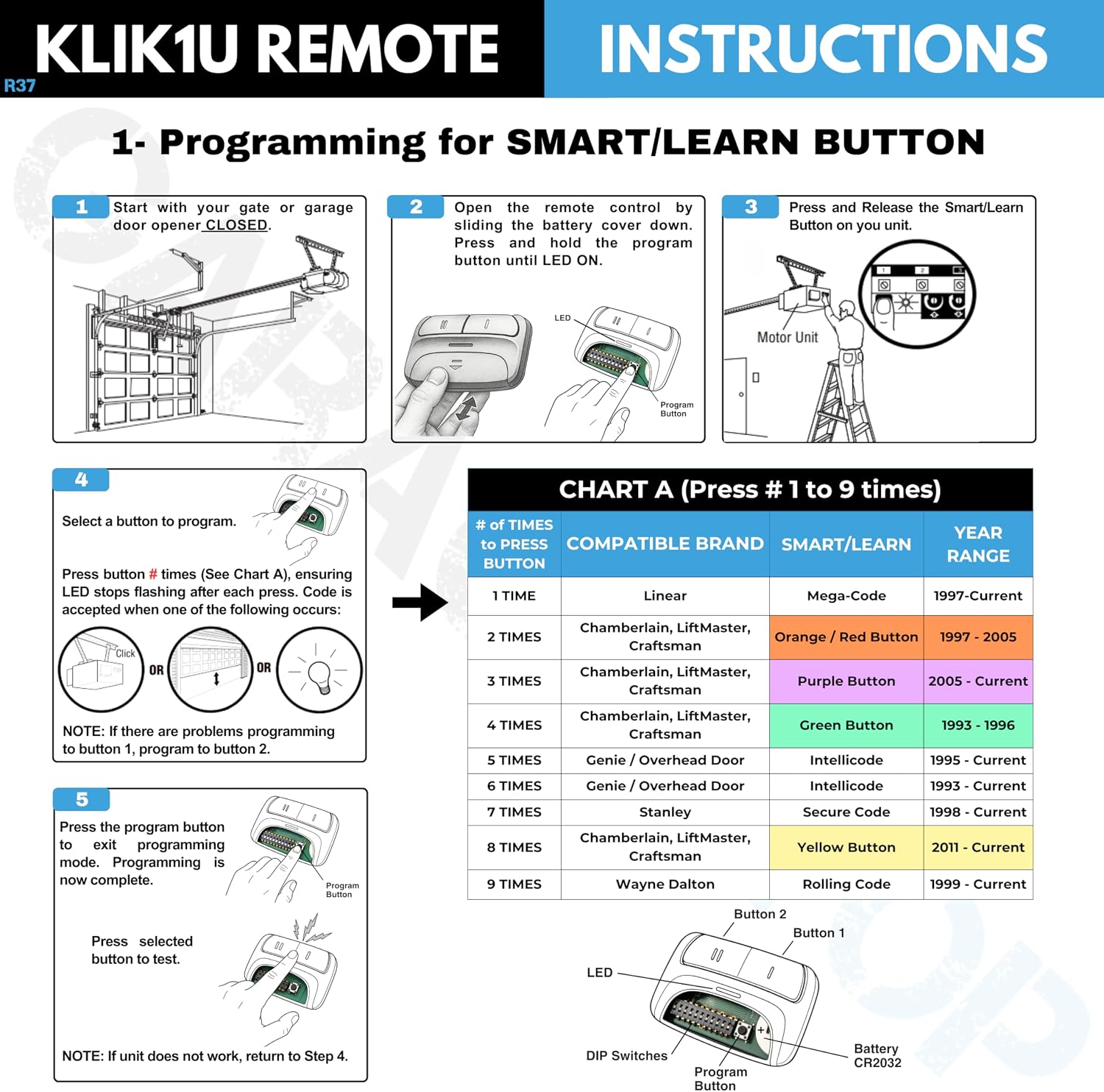 2X Universal Garage Door Opener Remote KLIK1U 375UT 375LM Garage Clicker
