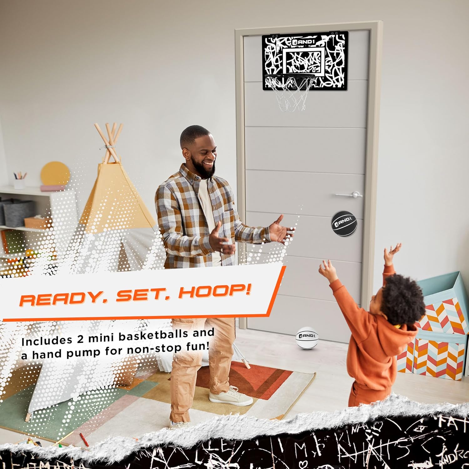 AND1 Over the Door Mini Basketball Hoop: 18x12 Shatterproof Backboard, 2 Mini Basketballs