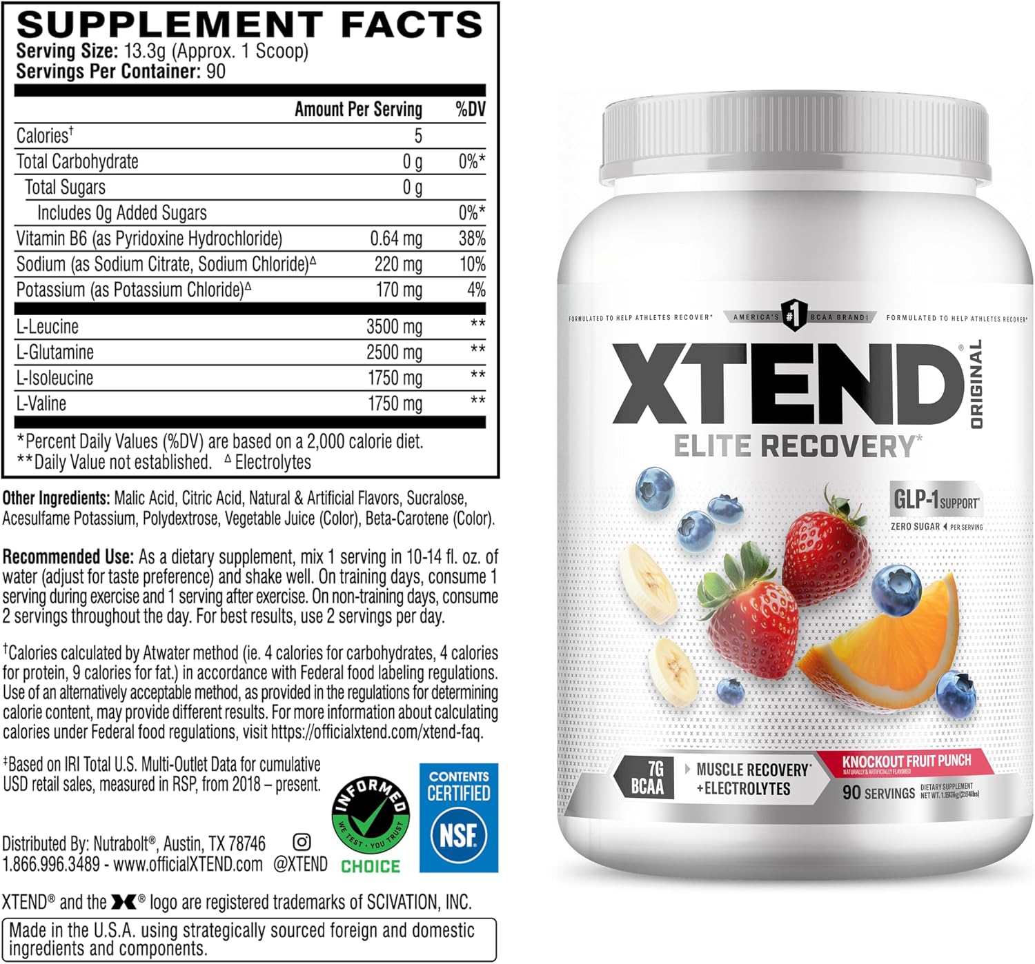Xtend Original BCAA Powder, 7g BCAAs and 2.5g L-Glutamine for Muscle Recovery Hydration and Lean Muscle, Sugar Free Intra and Post Workout Drink with Electrolytes, Watermelon Explosion, 30 Servings