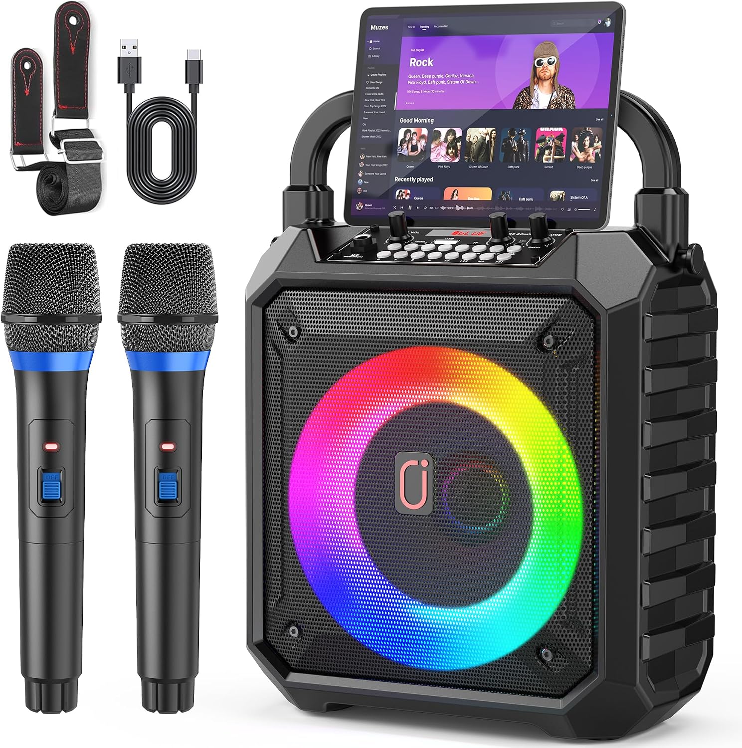 JYX Karaoke Machine for Adults & Kids with 2 Wireless Microphones, Portable Bluetooth Speaker with LED Lights, Supports USB/TF Card/AUX for Party